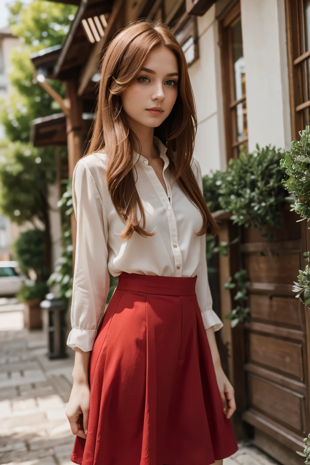 red middle length hair girl with green eyes in fine clothes