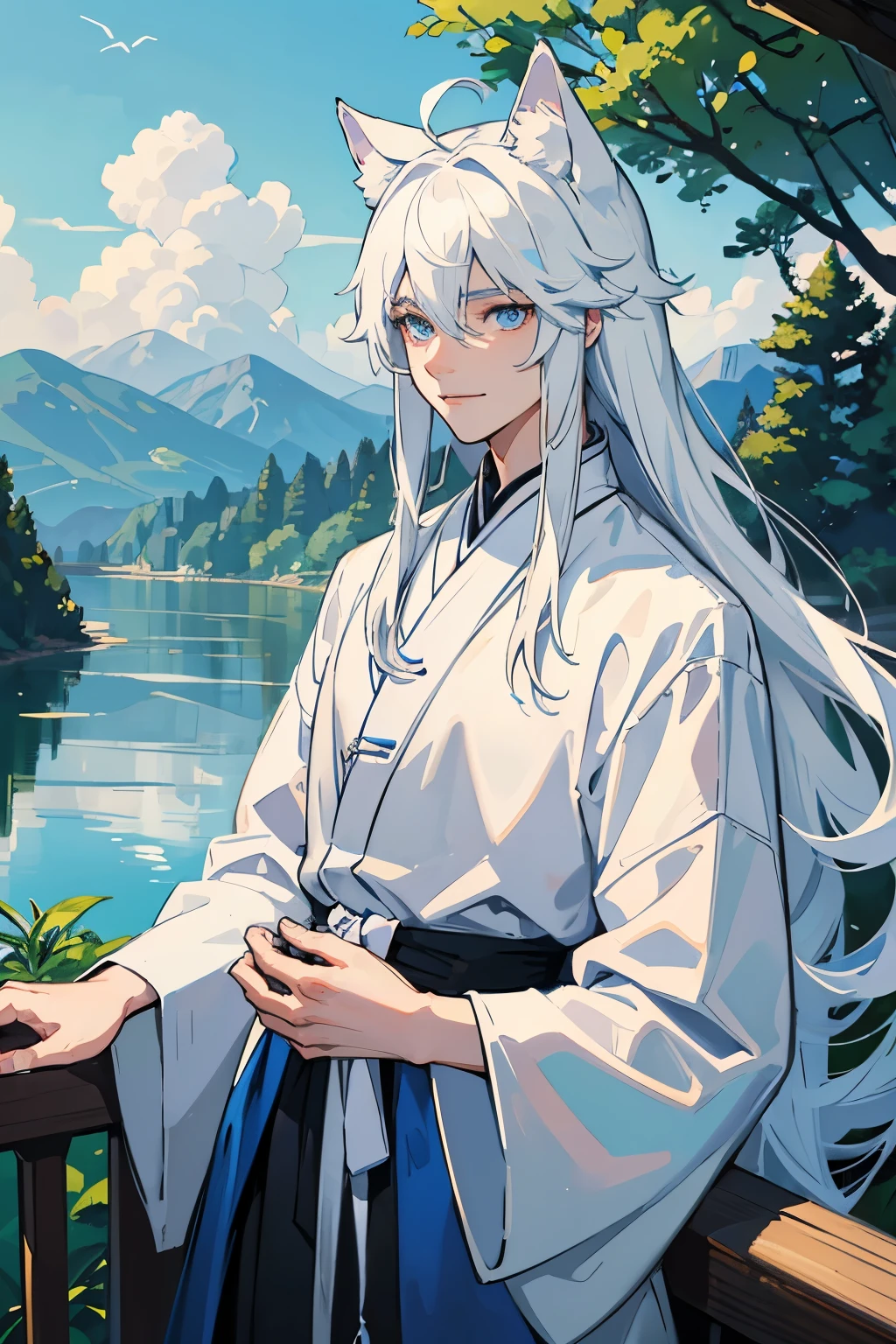 Lakeside, boys, juvenile, cartoon, one person, a boy with, exhibit, White hair, long white hair, wearing white robe, breeze, Tree, creek, Qingyun Sect Palace, mountain road, animal ears, Control the power of water, Royal blue eyes, There is water flowing above the hand, white hair, blue hair, white hair, ahoge, long hair, hair spread out, gradient eyes, white eyes, blue eyes, animal ears, wolf ears, smile, expressionless eyes, thinking, pensive, high detail, masterpiece, high quality
