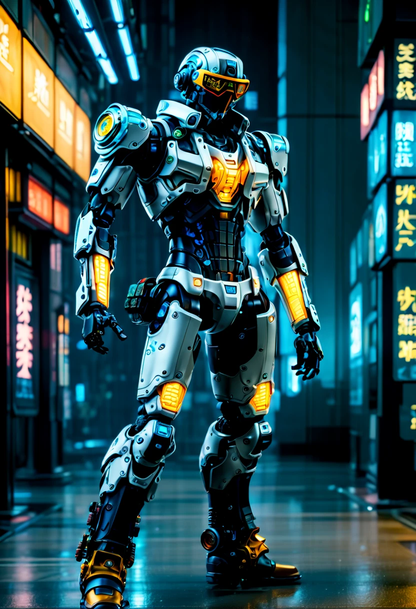 cyberpunk, Mechanical Warrior, world war six, Sci-fi helmets, (futuristic cyberpunk action rifle:1.6), Eclecticism , 超级Mechanical Warrior , Key parts have transparent luminous parts，Precision mechanical gears，Android&#39;s Rebellion , cyberspace safe haven , (Vision:1.8), (full-body shot:1.8)，from head to foot，(Luminous mechanical boots:1.8)