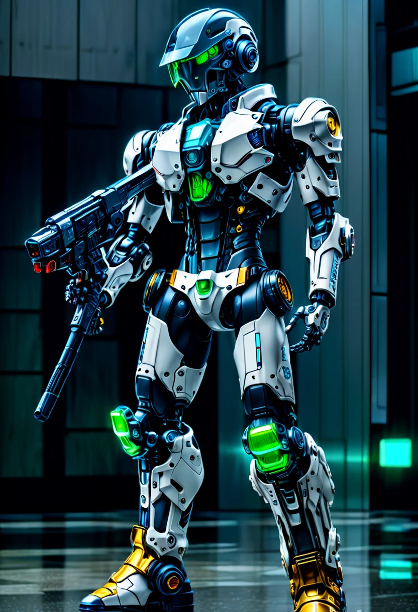 cyberpunk, Mechanical Warrior, world war six, Sci-fi helmets, (futuristic cyberpunk action rifle:1.6), Eclecticism , 超级Mechanical Warrior , Key parts have transparent luminous parts,Precision mechanical gears,Android's Rebellion , cyberspace safe haven , (Vision:1.8), (full-body shot:1.8),from head to foot,(Luminous mechanical boots:1.8)
