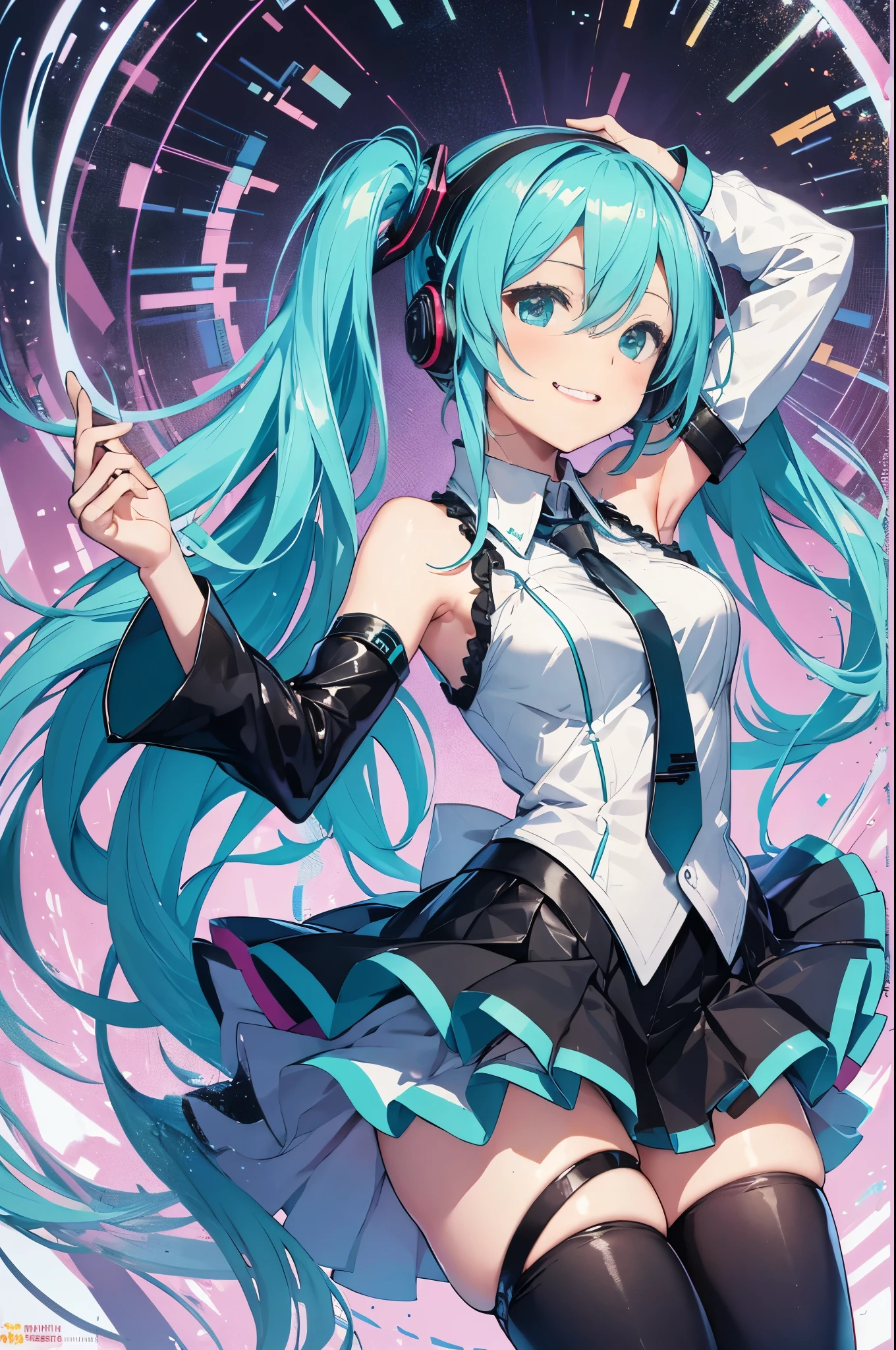Hatsune Miku, happy, smile, mouth open, singing, dancing, highest quality, high resolution. Intricate Details,Top Quality, Chromatic Aberration, 1girl, Solo, wet Skirt, Hatsune Miku, Long Hair, Thighs, Twin Tails, Detached Sleeves, Tie, Thigh Boots, Boots, Sleeveless, Headset, Aqua Eyes, Pleated Skirt, Aqua Hair, Full Body, Sleeveless Shirt, Simple Background, Very Long Hair, White background, black footwear, black thighs, hair ornament