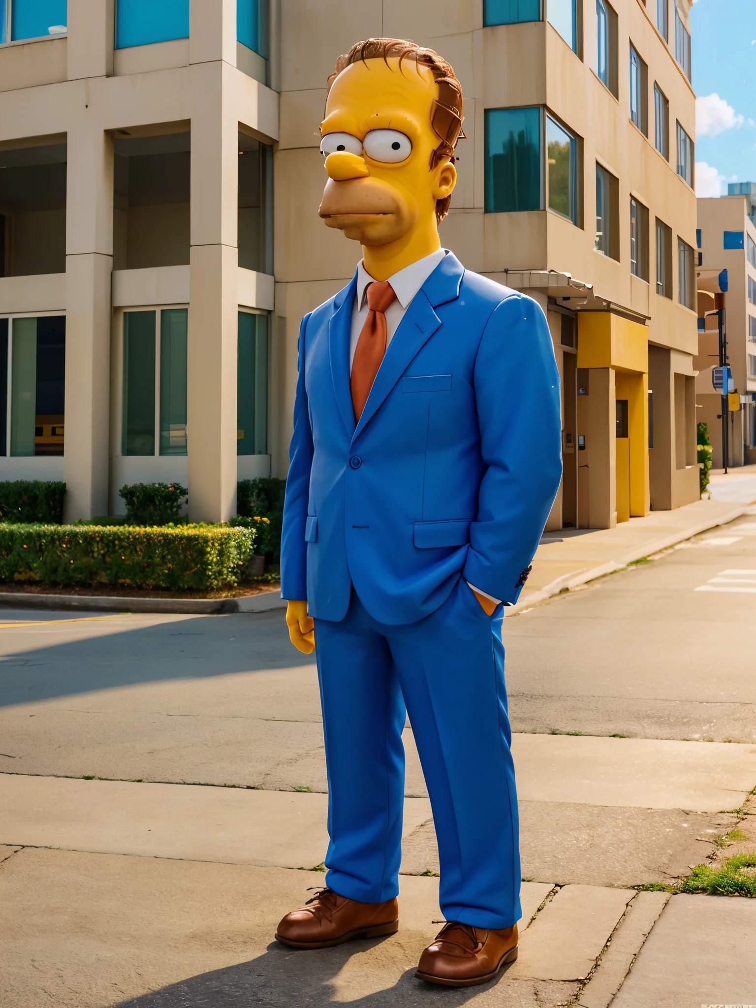 Simpson character, 3D cartoon, wearing a suit, standing in front of a building, detailed, realistic