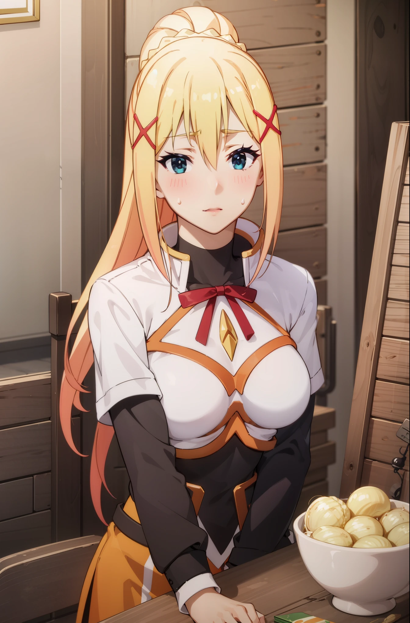 tall body, tall, long legs, mature female, mature, adult, EFT_Konsuba_Darkness, 1girl, darkness (konosuba), blonde hair, solo, blue eyes, long hair, x hair ornament, hair ornament, ponytail, looking at viewer, sweatdrop, large breasts, breasts, sitting, upper body, indoors, braid