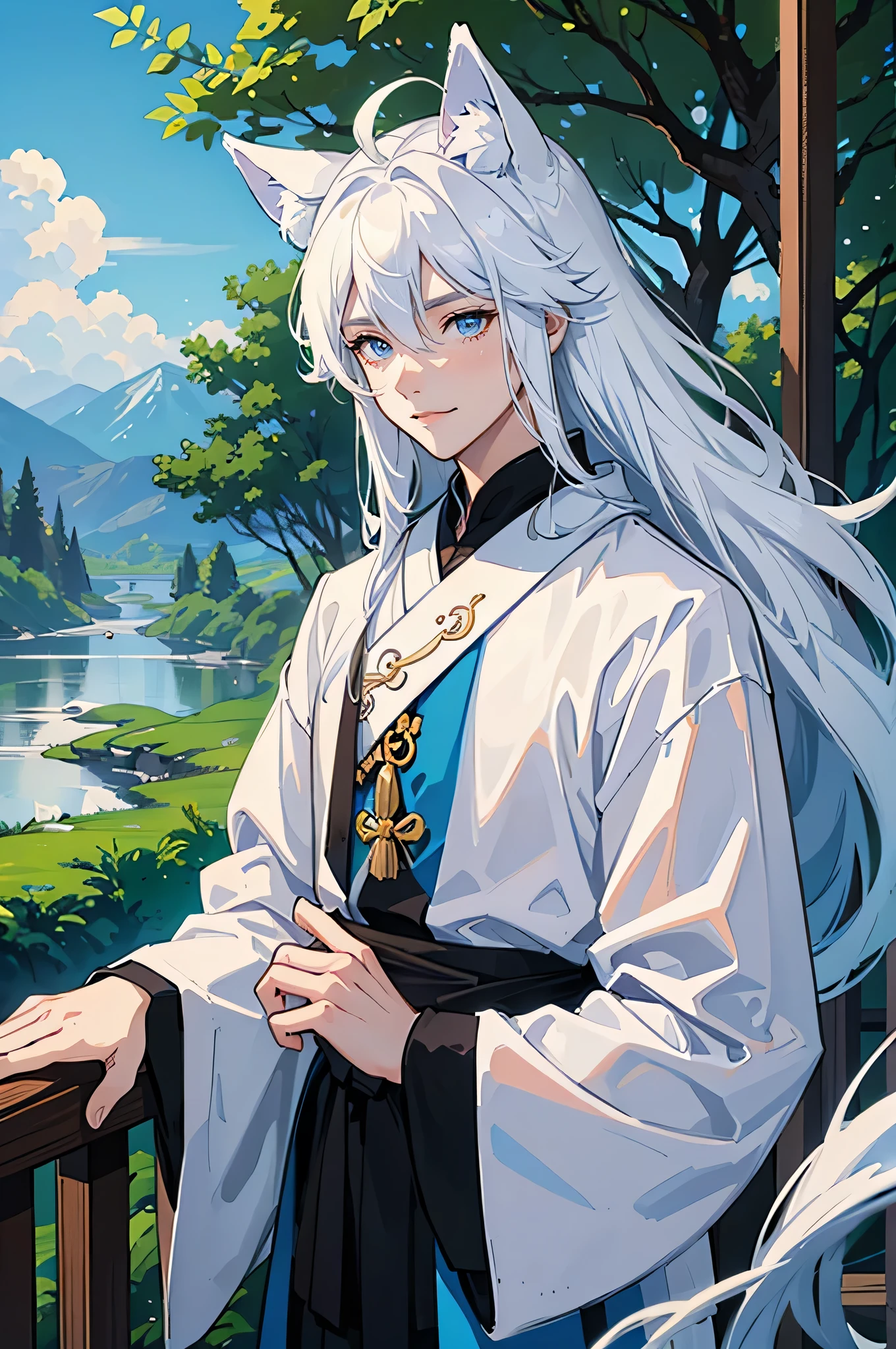 lakeside, boys, juvenile, cartoon, one person, a boy with, exhibit, white hair, long white hair, wearing white robe, breeze, Tree, creek, Qingyun Sect Palace, mountain road, animal ears, Control the power of water, Royal blue eyes, There is water flowing over the hand, white hair, blue hair, white hair, ahog, long hair, hair splayed out, gradient eyes, white eyes, blue eyes, animal ears, wolf ears, Smile, Expressionless eyes, thinking, Brooding, high detail, masterpiece, high quality