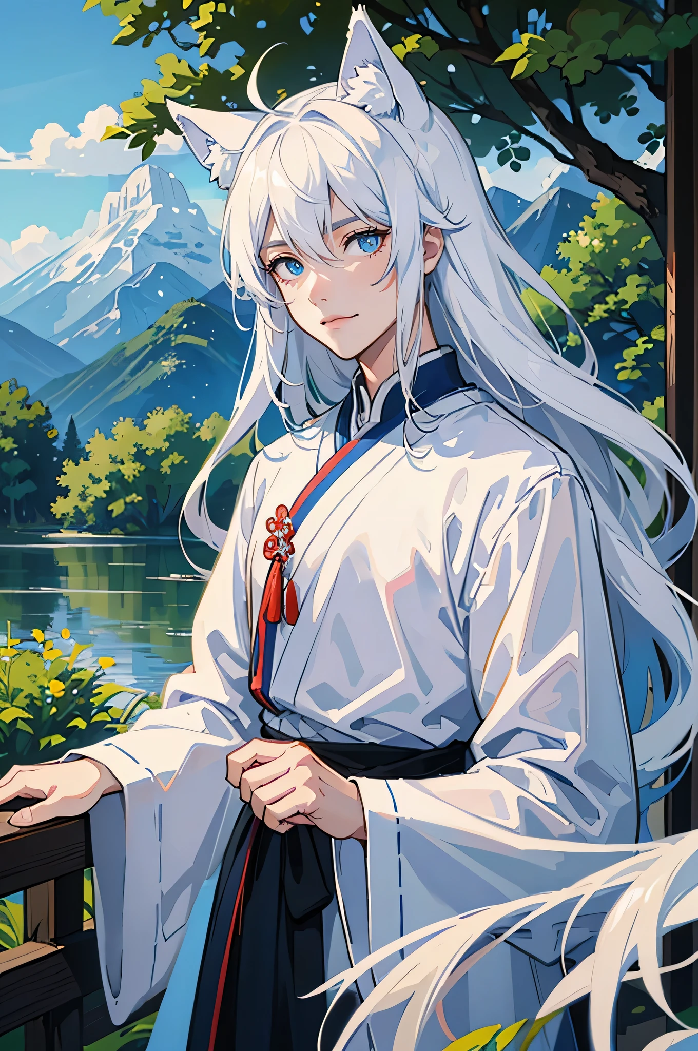 lakeside, boys, juvenile, cartoon, one person, a boy with, exhibit, white hair, long white hair, wearing white robe, breeze, Tree, creek, Qingyun Sect Palace, mountain road, animal ears, Control the power of water, Royal blue eyes, There is water flowing over the hand, white hair, blue hair, white hair, ahog, long hair, hair splayed out, gradient eyes, white eyes, blue eyes, animal ears, wolf ears, Smile, Expressionless eyes, thinking, Brooding, high detail, masterpiece, high quality