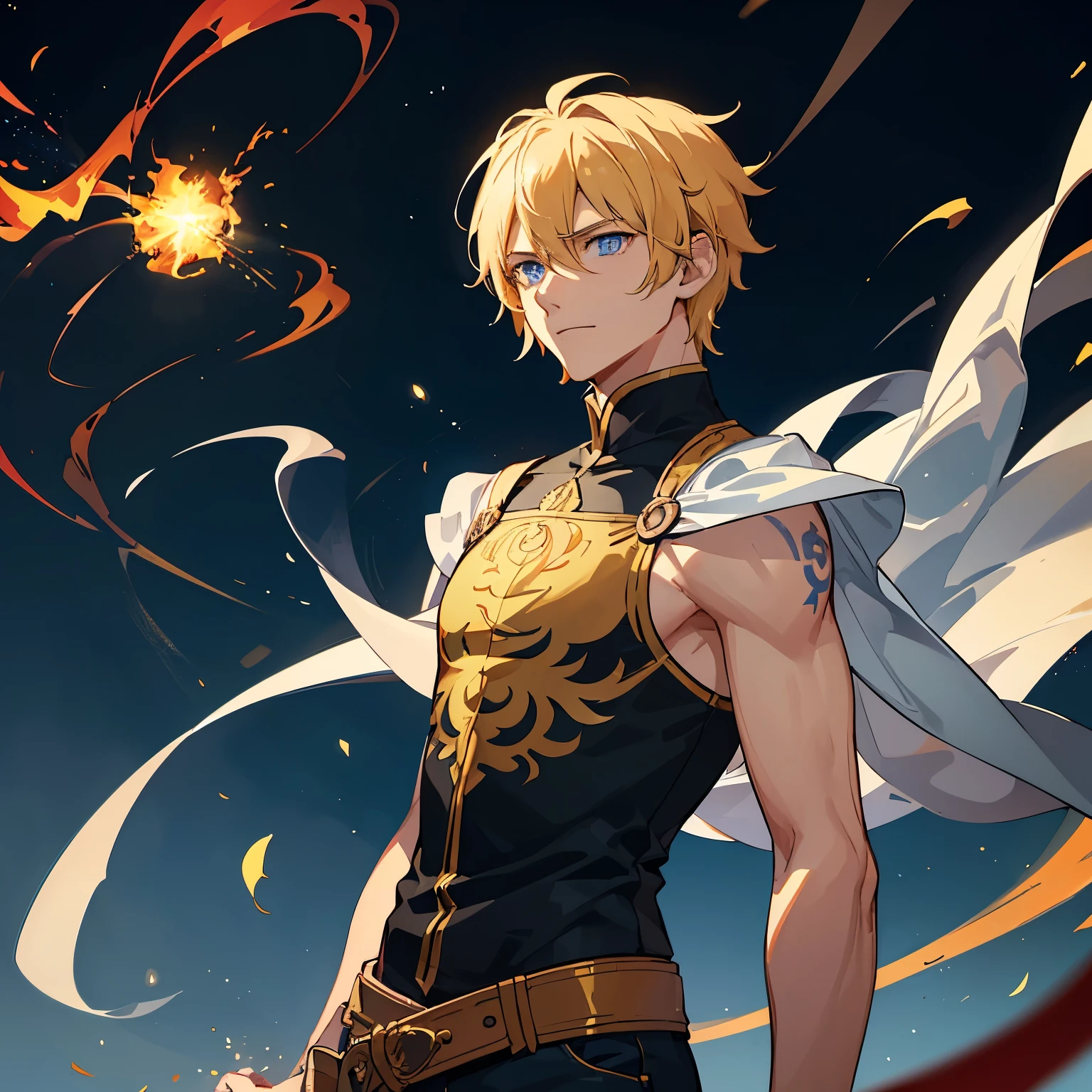 1 man, Jaune Arc, God of Fire and thunder, Pale blonde hair, upper body to show, Bright blue oriental dragon tattoo on left arm, bright orange oriental dragon tattoo on left arm, bright white pupils, Katana on right hand, serene expression, calm look, flaming aura with blue rays, Fire powers, Lightning powers