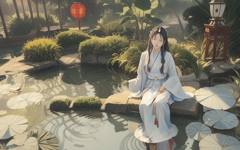 there is a woman sitting on a rock in a pond, palace , A girl wearing Hanfu, Wearing ancient Chinese clothes, Paired with ancient Chinese costumes, hanfu, Chinese style, in a pond, Chinese traditional clothing, sitting by the pond, Inspired by Huang Ji, Inspired by Gu An, traditional beauty, Inspired by Qiu Ying, Chinese girl, white hanfu