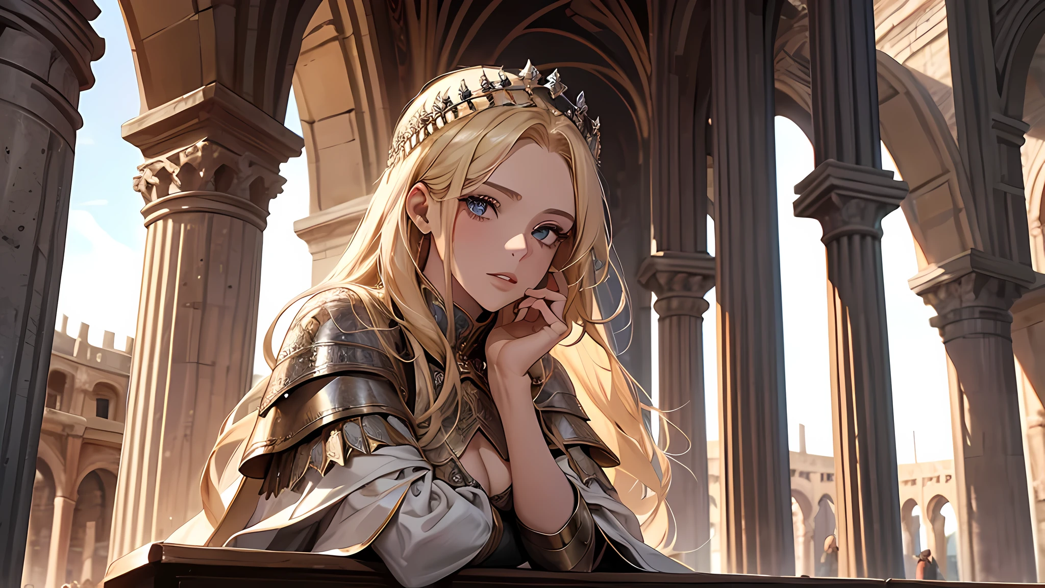 beautiful girl, blonde hair, talking something, watching gladiator, in colloseum, medieval times, detailed face, detailed nose, detailed eyes, full of expression, who was sitting in one of the grandstands among the front row seats. High pillars, which rose from the corners in the left and right, supported a roof that covered the stand, looking straight ahead as she put a finger to her plump and florid lips