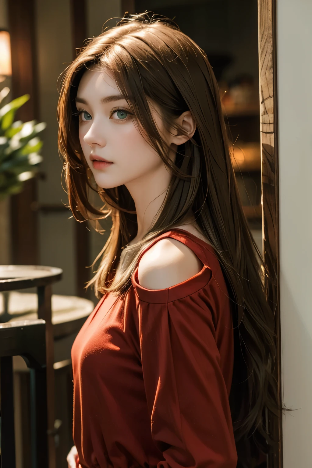 red middle length hair girl with green eyes in fine clothes