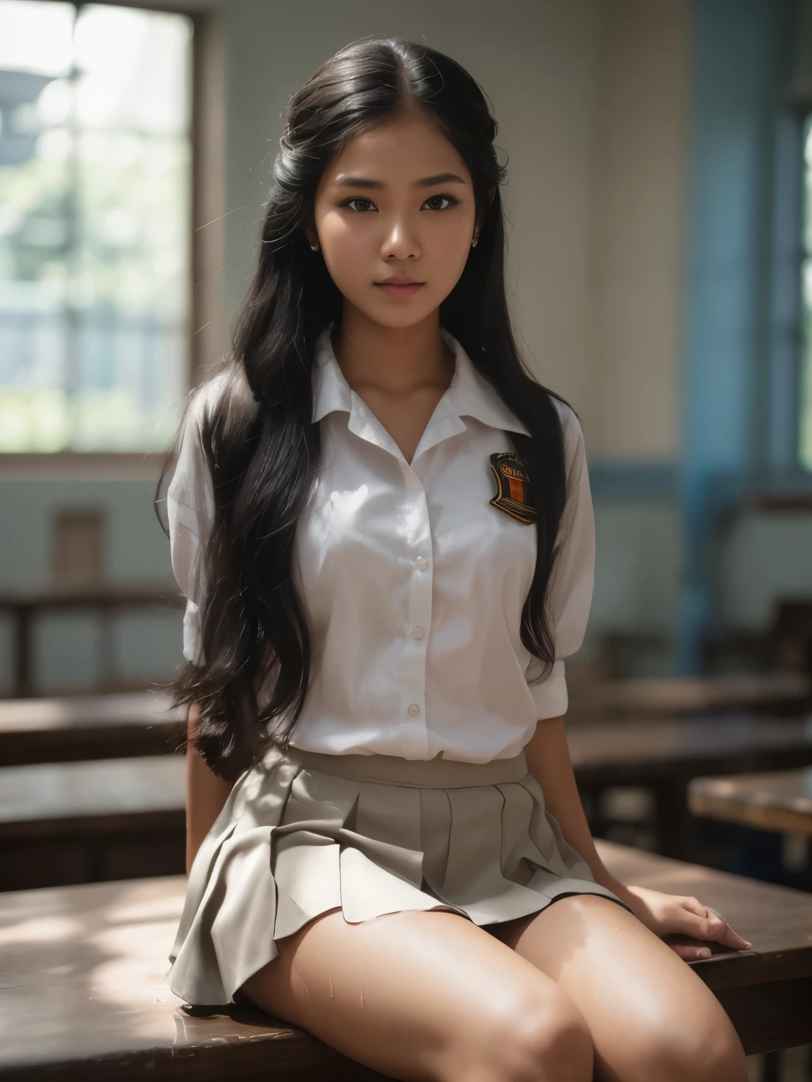 At bright day at indonesian high school, hyper ultra realistic photography, dramatic light, natural full body of beautiful Indonesian Javanese girl, , moist shiny full sweat skin, long black hair braid hairstyle, raise her hands, wearing indonesian high school tight & wet high uniform, all button are opened, showing cleavage of her big breast & teaseing her red lace brassire, wear blue grey skirt, environtment on dramatic light tungsten, ultra realistic photo, HDR10 8K top angle camera, good anatomy, good proportion of body hand & fingers --style raw --v 6.0