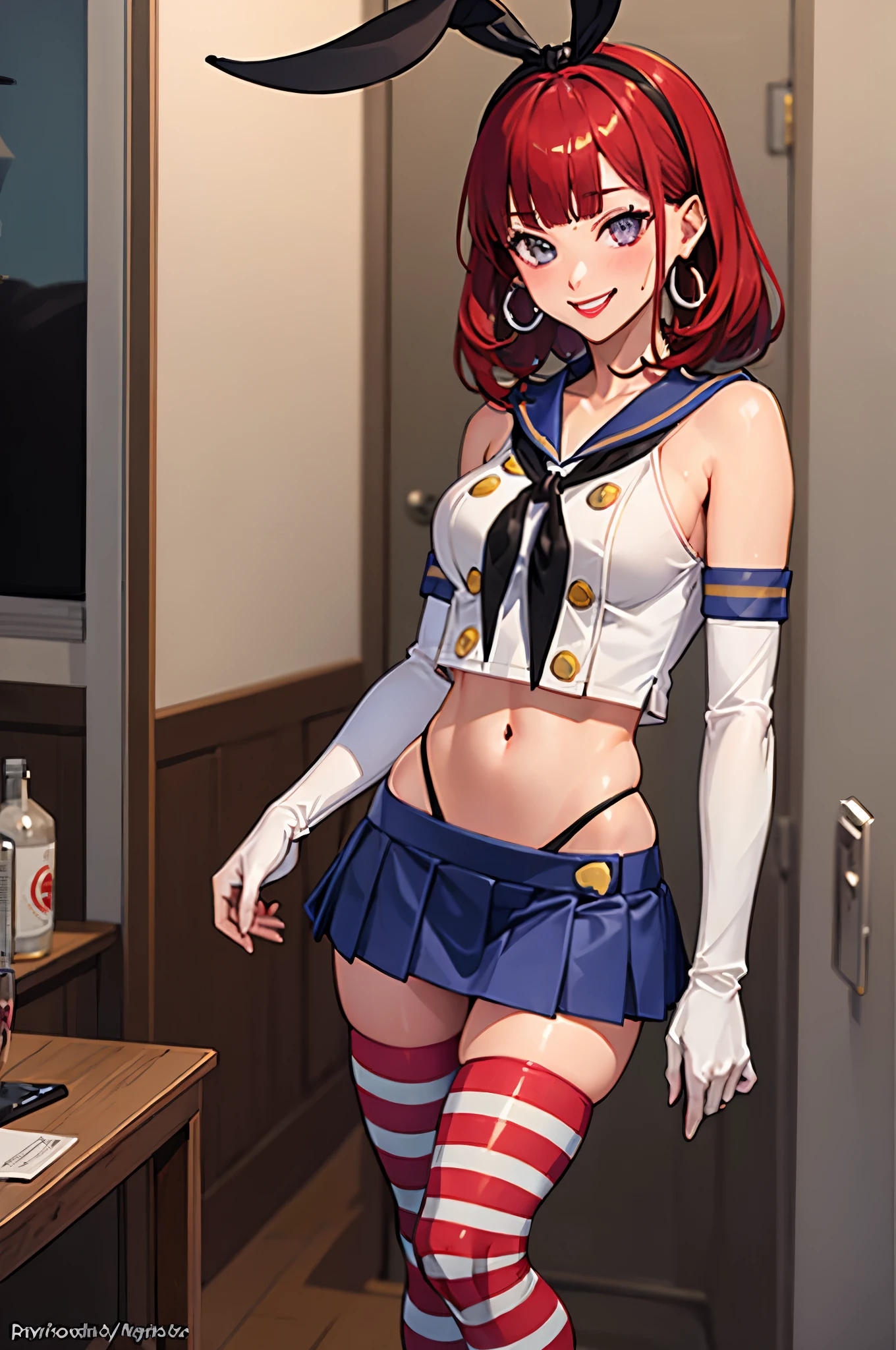 shimacos, crop top, thighhighs, elbow gloves, microskirt. For the panties you can use black panties, highleg panties, cameltoe,, ultra detailed, masterpiece, best quality, aesthetic, detailed,, solo, seductive smile, red lips,
1girl, purple eyes, red hair, blunt bangs, medium breasts, low hair rings, 