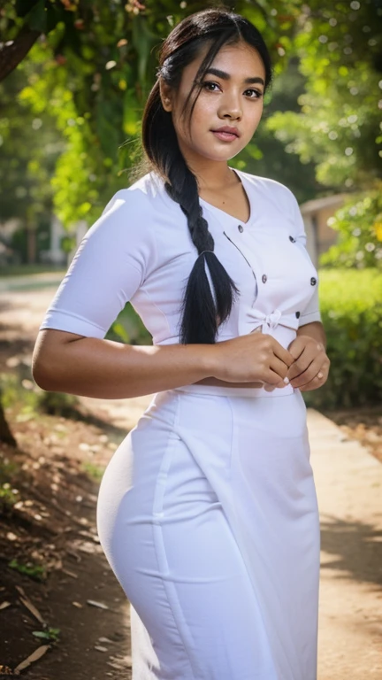 Photorealistic of a beautiful Myanmar student girl, black hair, natural make up ,Thick hips ,White school girl shirt and chestnut color tie, standing outside,curvy body, (highly detailed clothes:1) (highly detailed face:1) (freckles:0. 5) ,8k ultra HD,highres,8k wallpaper,--ar 69:128 --stylize 750 --v 6,
