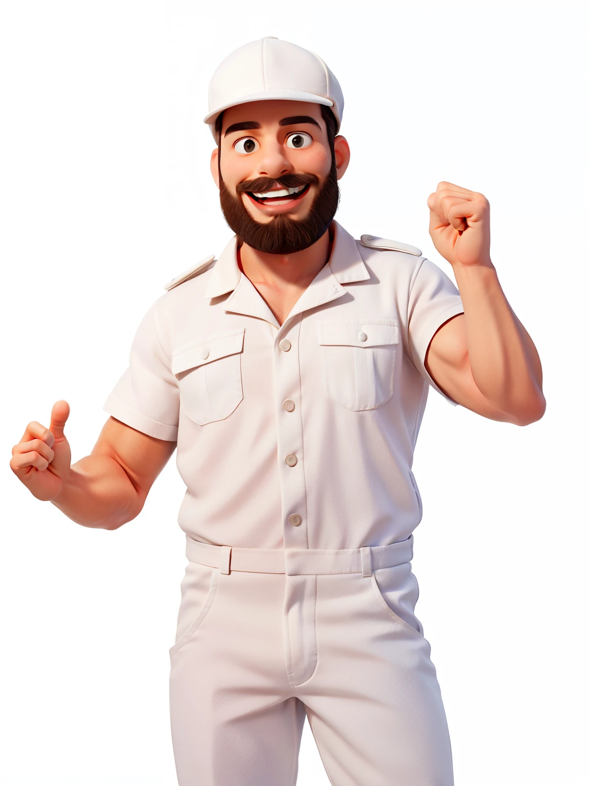 masterpiece, best quality,A man with a beard，with a big smile on its face，Caesar Andrade Faini，White background,Site workers,Workwear jumpsuits,cap
