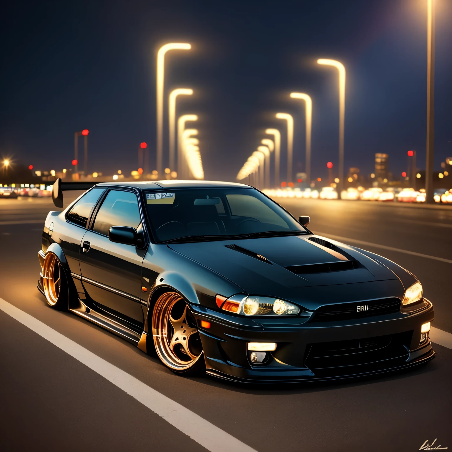 Stanced JDM car with beautiful city lights in background