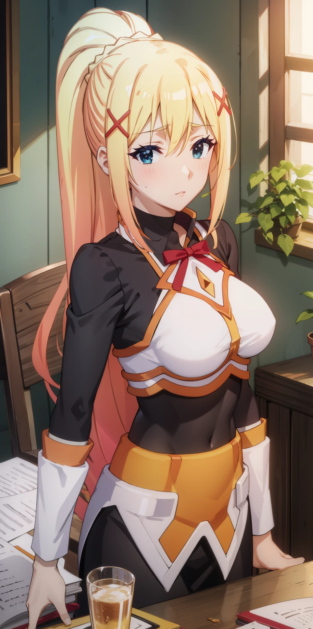 tall body, tall, long legs, mature female, mature, adult, EFT_Konsuba_Darkness, 1girl, darkness (konosuba), blonde hair, solo, blue eyes, long hair, x hair ornament, hair ornament, ponytail, looking at viewer, sweatdrop, medium breasts, breasts, sitting, upper body, indoors, braid,  black shirt, black short 