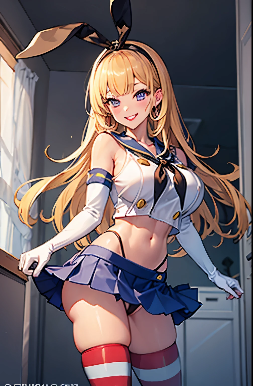 shimacos, crop top, thighhighs, elbow gloves, microskirt. For the panties you can use black panties, highleg panties, cameltoe,, ultra detailed, masterpiece, best quality, aesthetic, detailed,, solo, seductive smile, red lips,
1girl, purple eyes, blonde hair, blunt bangs, gigantic breasts, low hair rings,