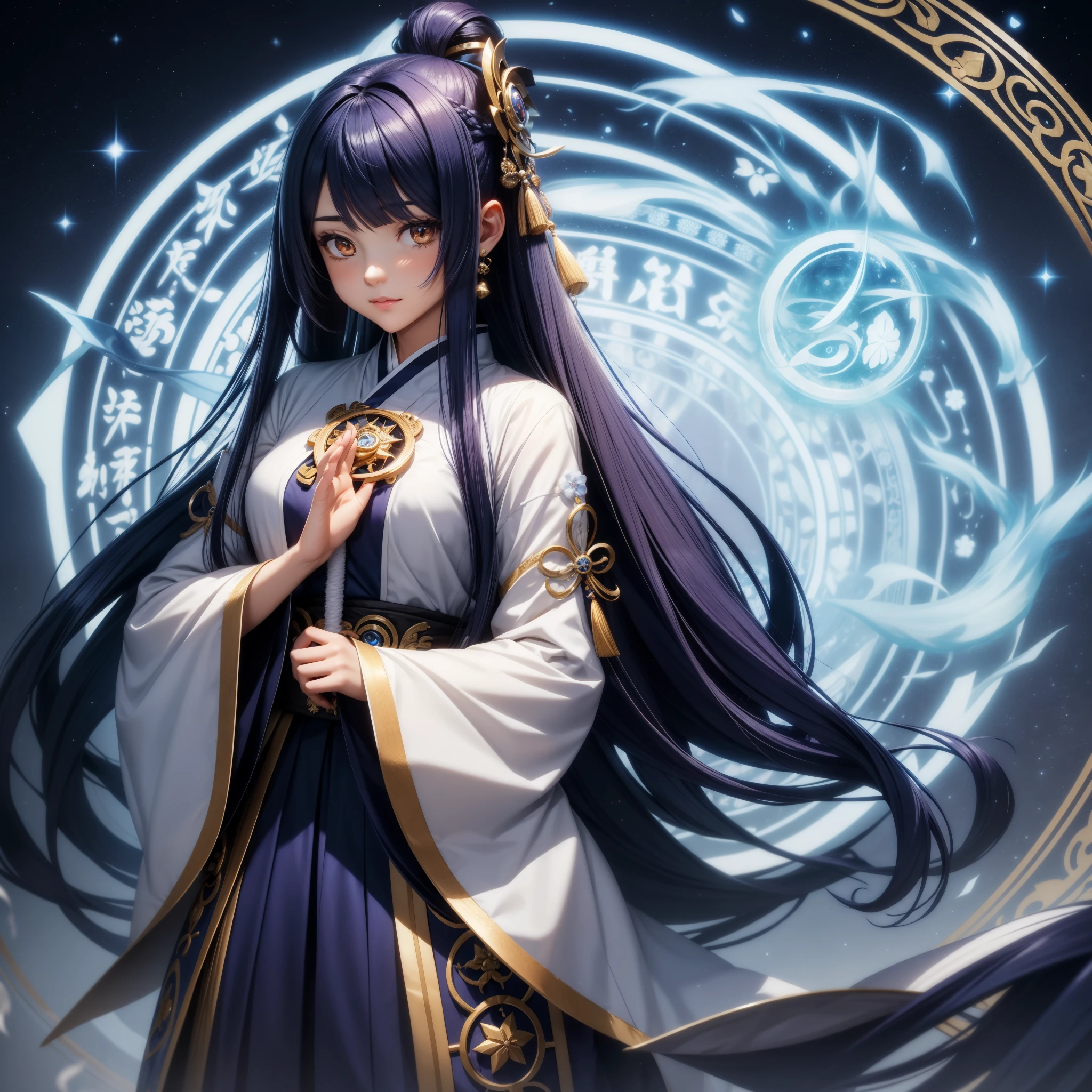 Young woman, beautiful, (indigo hair, Long hair hime-cut), ((white eyes : 1.2)), Genshin Hutao style clothes, prayer, Wizard, Magic circle