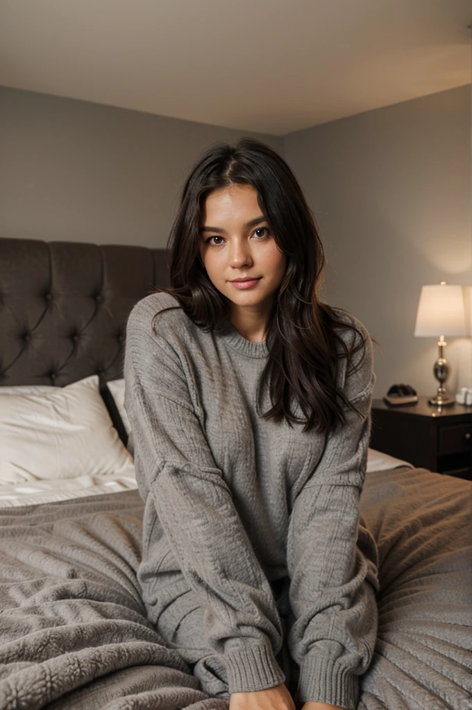 sitting on a bed, gray furry sweater, cute woman, soft fur, casual pose, cozy, bedroom background, room lighting