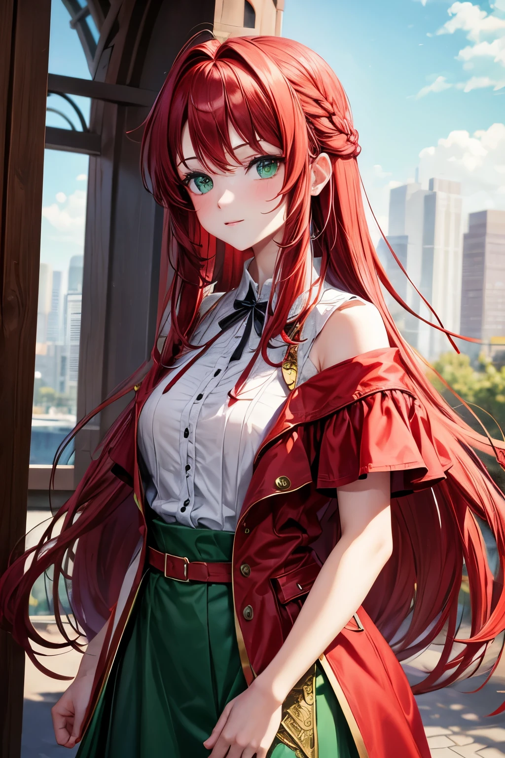 red middle length hair girl with green eyes in fine clothes