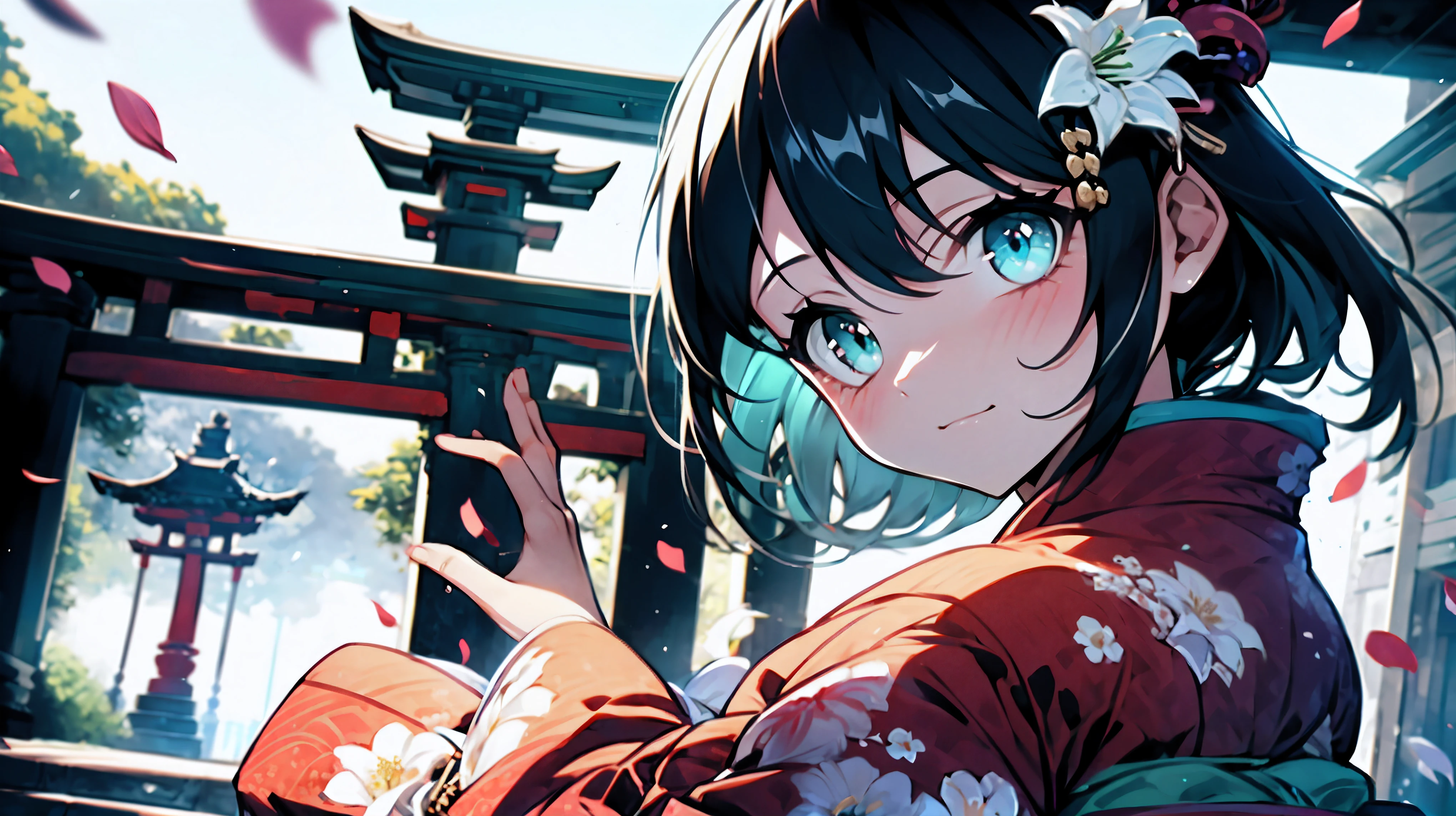 (an 8 girl:1.2), (alone:1.2), small breasts, Looking back at the audience, (wide angle), (white lily flower), aesthetic, complex, won, cybernetic enhancement, chiaroscuro, best quality, Detailed background, Character takes up one-third of the screen, (misty atmosphere:1.2), (cloudy day),((Girl in 棉质kimono:1.2)), 棉质kimono, 棉质kimono, The best wrinkles, best shade, (Walking through the foggy Zen garden), (real location), Exquisite and beautiful eyes, casual gesture, Detailed texture, pose, (Anatomically correct body, Detailed face, (非常Detailed texturekimono) with floral pattern), (black hair), thick hair, hair accessories, Common, kimono, Heart, outdoor, pagoda, petal, 青色kimono, sash, shrine, skyporn, stone staircase, torii, wide sleeves, yukata,cloudy, misty