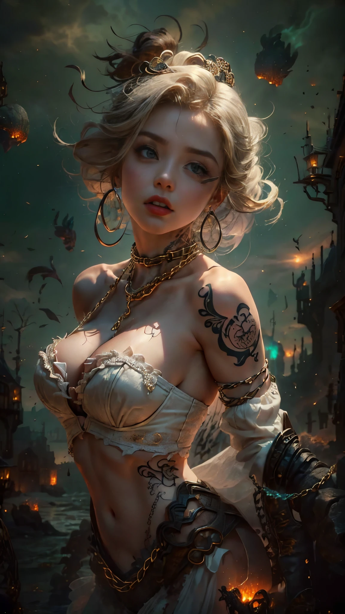 (masterpiece, highest quality, fractal art:1.5, beautiful and aesthetic:1.3), chaotic medieval world:1.3, Swirling flames:1.3, magma:1.3, fire and flame:1.3, perfect dynamic composition:1.3, ((Detailed tattoos on the whole body:1.3, Wear exquisite jewelry from head to toe:1.3)), Highly detailed skin and facial textures:1.3, (cute and sexy medusa:1.3), prisoner of war, slave, tiara, Fair skin, Lie, (Correctly wear heavily torn white clothes off-shoulder:1.3), Huge breasts that are about to explode, Do not show areola, big chest gap, (The expression on your face when you feel intense caress, Facial expression when feeling pleasure), Eyes that feel beautiful eros, sexy face, (Too erotic and cute:0.9, Bewitching:0.9), (restraint:1.4, Lots of chains:1.4, countless chains tangled in clothes:1.4, chain the right arm:1.4, chain the left arm:1.4, Bind the right leg with shackles and chains:1.4, Bind the left leg with shackles and chains:1.4), super long blonde curly hair