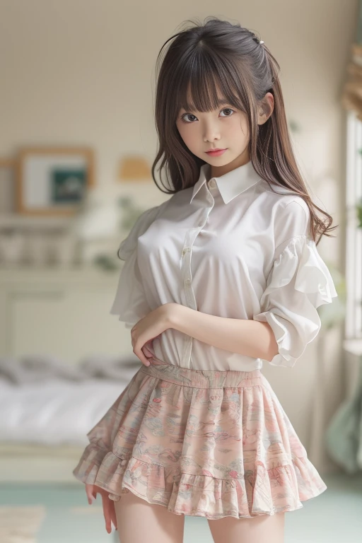 (upper body) , masterpiece , top quality , very detailed , 1 person, (contrasting eyes) , standing , blouse, skirt , bangs , room , indoor