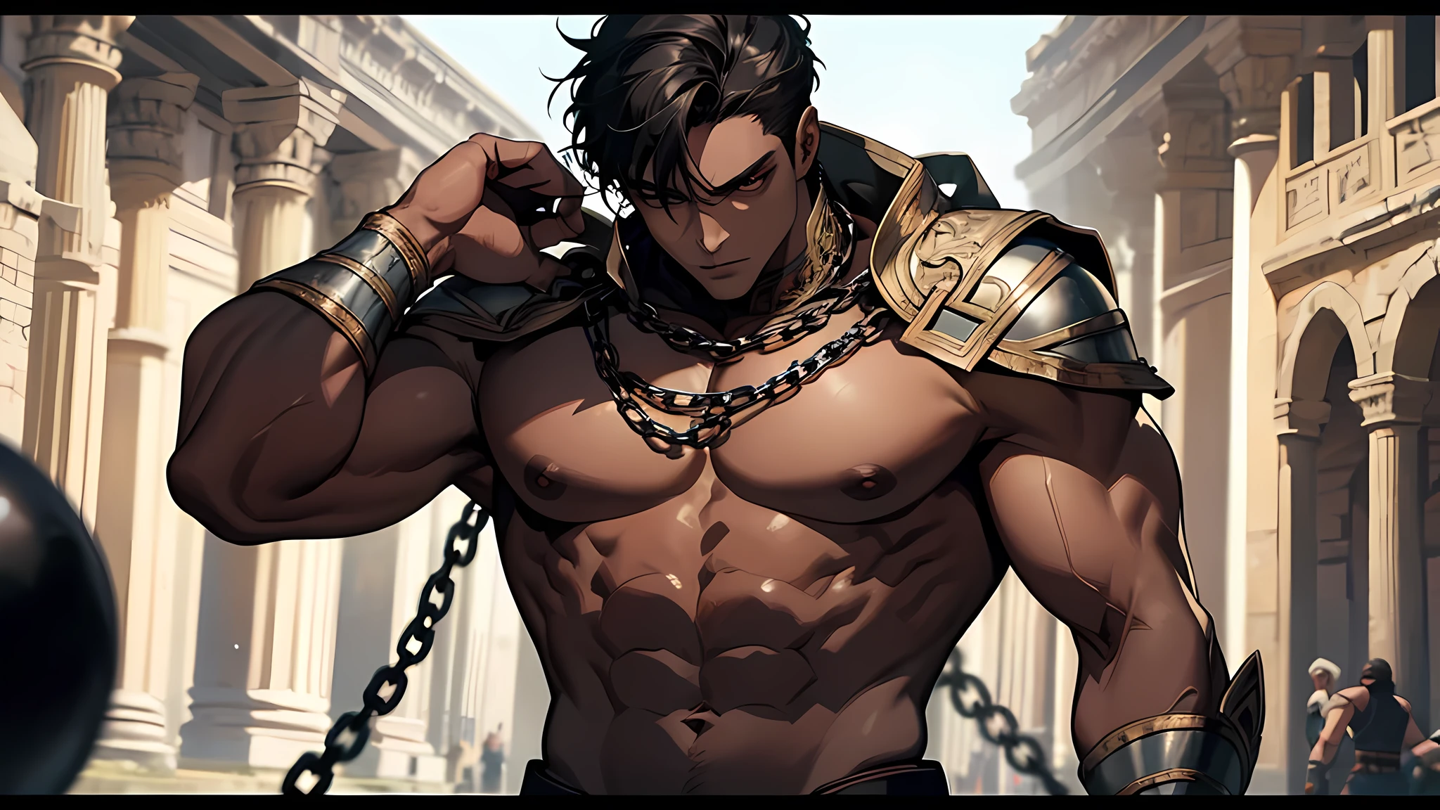 Muscular gladiator, upper body revealed, legs uncovered from thighs to feet, intricate muscular details, dark skin, short black hair, attack using chain ball, photorealistic artwork, 4K resolution. Background: Ancient Roman arena,32k uhd, best quality, masterpiece, super detail, high details, In the man’s hands, who sported a muscular body, was an iron ball connected to a chain.