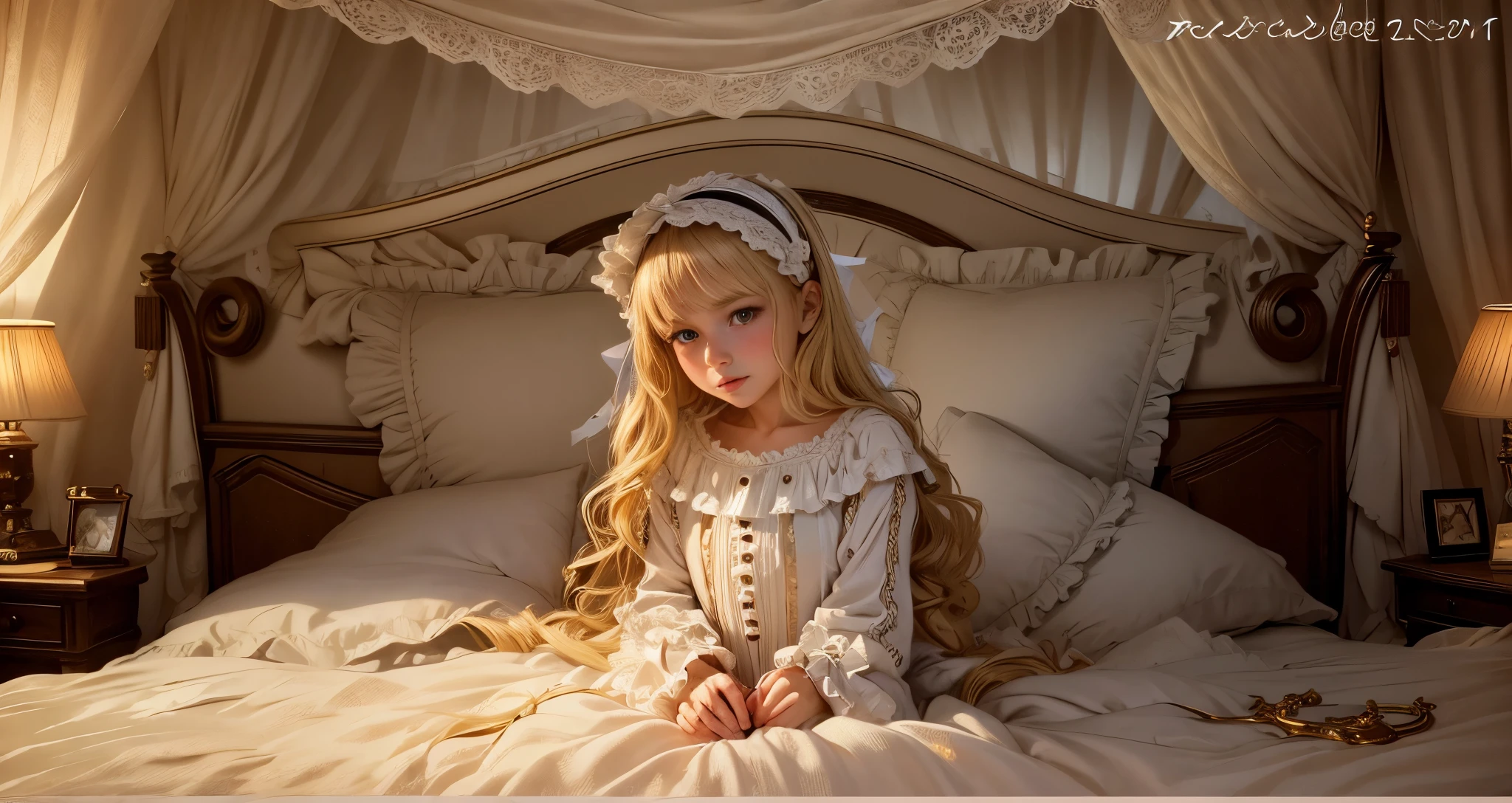 ,highest quality, masterpiece, highest resolution, artwork, super それにget used to it, many get used to it, get used to it, それにget used to it, 3K realistic photos,,(( at )),Super detailed baby face, Beautiful girl illustration,detailed beautiful face detailed hair,detailed human eye ,detailed mouth, arm details,fine hands, Super detailed baby face, Beautiful girl illustration,detailed beautiful face detailed hair,detailed human eye ,detailed mouth, arm details,fine hands, european,(((Blonde with super long rolls))),blue eyes,pajamas,night wear,((((Lolita fashihite one-piece dress with lots of frills and ribbons)))),((1920 style nightgowns)),wearing a nightcap,((frill and ribbon nightcap)),victorian nightgowns,Yoke collar with ruffles and ribbons,Long sleeves with ruffles,long skirt,((The whole body is reflected)),large pillow with frills,detailed costume,Detailed pillow, Sitting on the bed,In a luxurious canopy bed,(((four poster bed with canopy))),(((Luxury curtains on both sides and behind the bed。))),golden rococo style bed frame,many frilly pillows on the bed,super detailed background,Detailed bed,romantic atmosphere,Soft, round futon,The lower half of her body is hidden inside the futon and skirt that bulges out.,