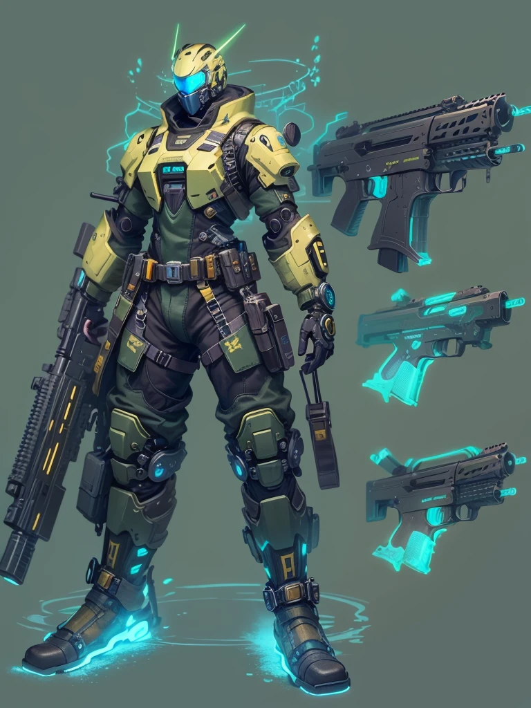 cyberpunk, Mechanical Warrior, world war six, Sci-fi helmets, (futuristic cyberpunk action rifle:1.6), Eclecticism , 超级Mechanical Warrior , Key parts have transparent luminous parts,Precision mechanical gears,Android's Rebellion , cyberspace safe haven , (Vision:1.8), (full-body shot:1.8),from head to foot,(Luminous mechanical boots:1.8)