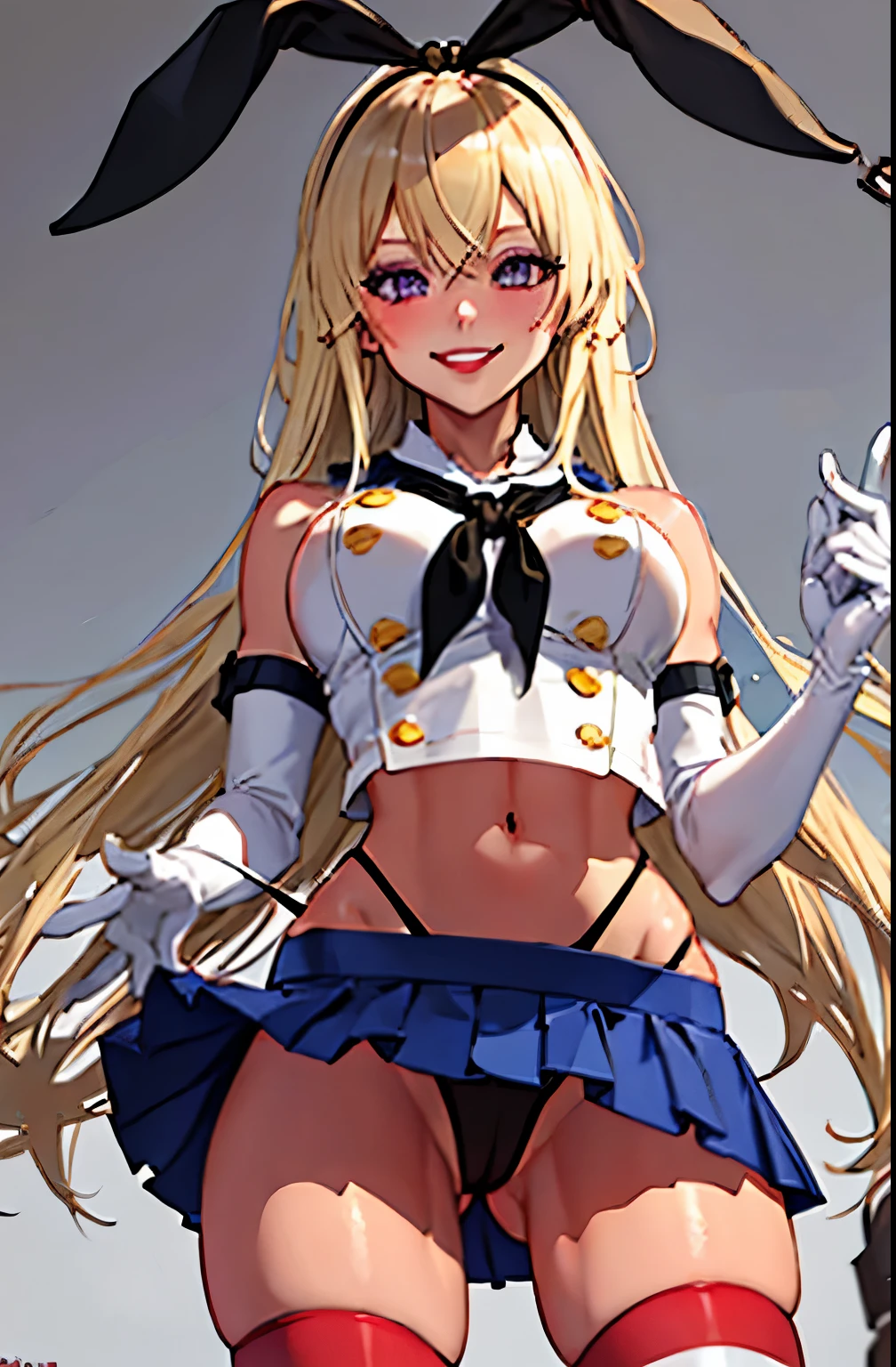 shimacos, crop top, thighhighs, elbow gloves, microskirt. For the panties you can use black panties, highleg panties, cameltoe,, ultra detailed, masterpiece, best quality, aesthetic, detailed,, solo, seductive smile, red lips,
1girl, purple eyes, blonde hair, blunt bangs, gigantic breasts, low hair rings, 