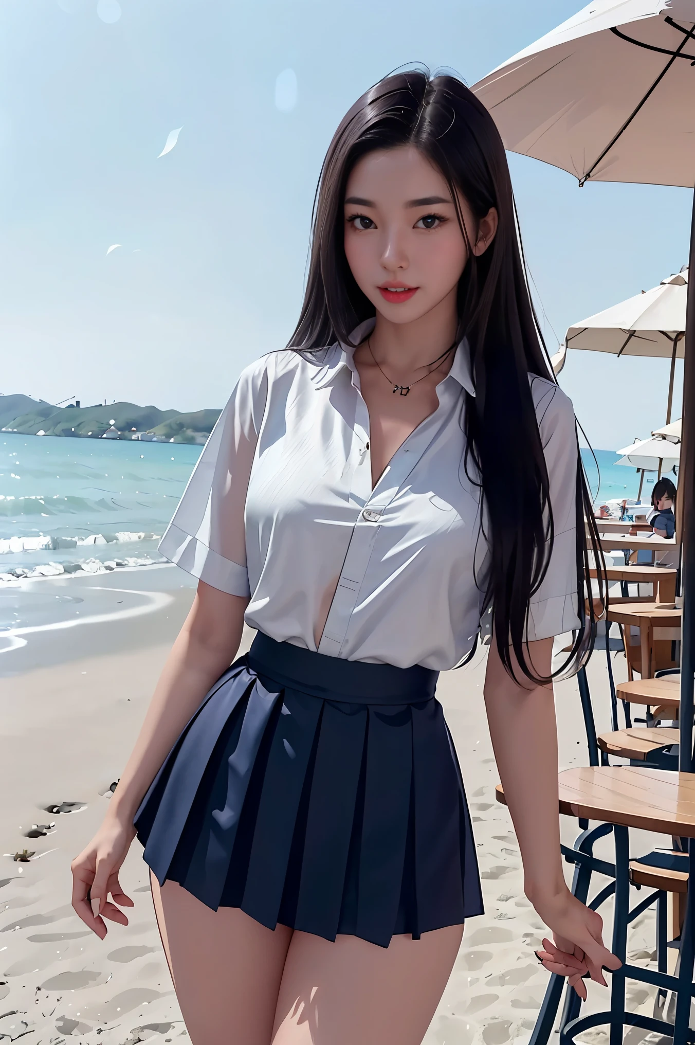 masterpiece, best quality, realistic, ultra-detailed, detailed,1 girl,(asian,idol,solo,collar,thin waist, small size breases,long hair, brown hair, beautiful thighs)(kimono, pleated skirt, kimono, Outerwear, Stocking,Shirt.) at the beach club,(PureErosFace_V1:0.7)