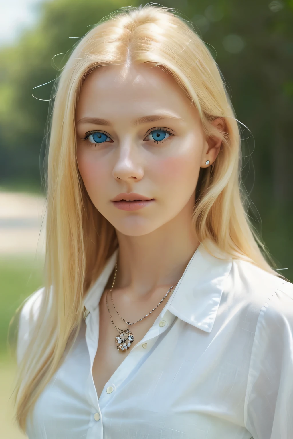 (Please generate an image of a young woman wearing a shirt and necklace. she has blond hair, big deal, blue eyes, and a subtle, natural makeup. She should have no obvious makeup in the photo, She should look directly into the camera.She has obvious vaginal discharge，It should look real and natural. Full body shots of this attractive woman should feature eye-catching poses, 她有一双锐利的blue eyes. that girl&#39;s has a very sweet temperament, And the posture should be very sweet too. Please confirm the woman&#39;The entire body is visible in the image. The background must be clear、neat. The details of the image should be of high quality(best quality)), ((masterpiece)), (detailed), is a perfect face