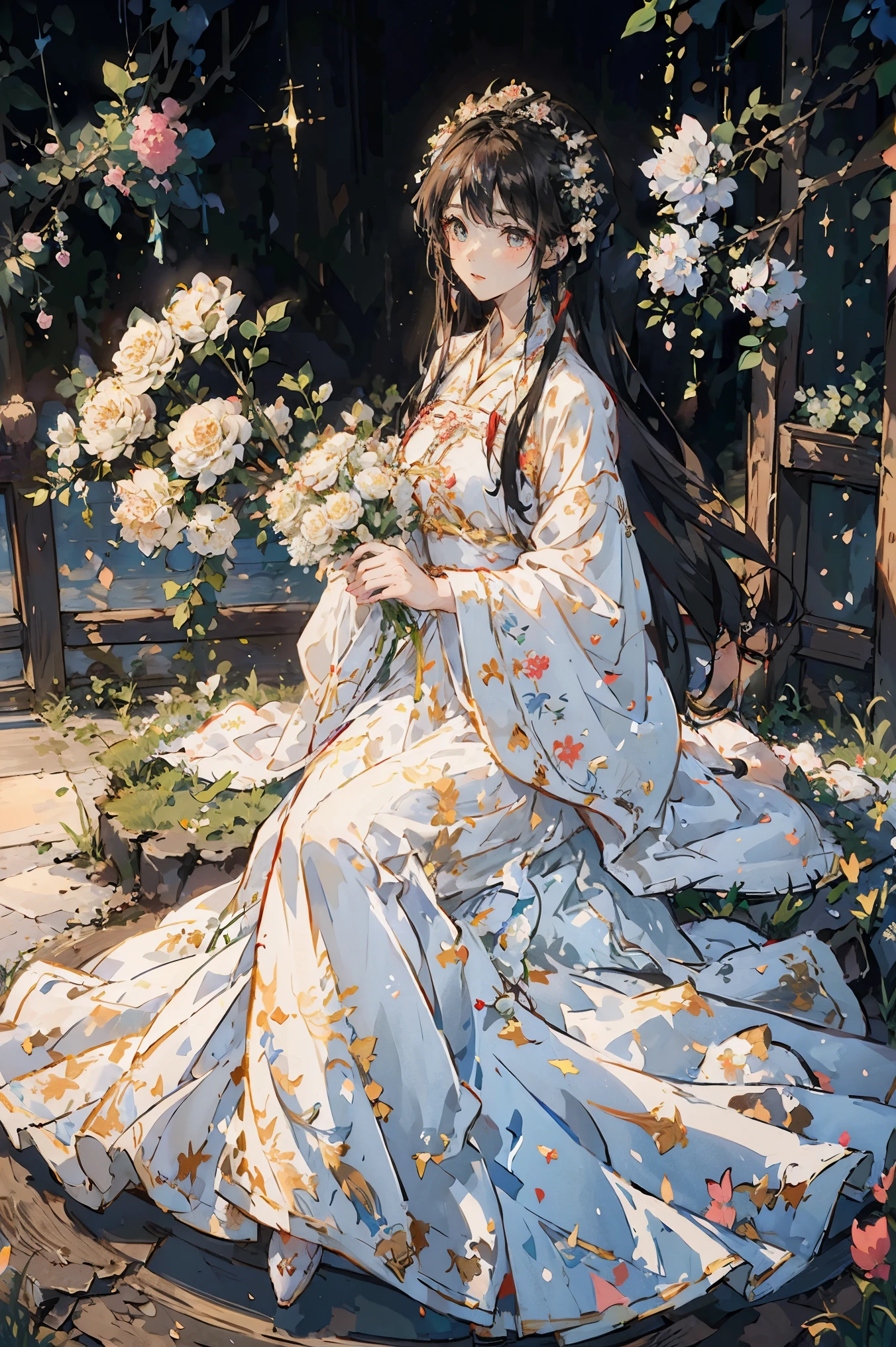 (anime,white dress,holding bouquet of flowers,masterpiece,romanticism art style,palace,Hanfu,sparkling colors,vibrant flowers,elaborate details,soft lighting)