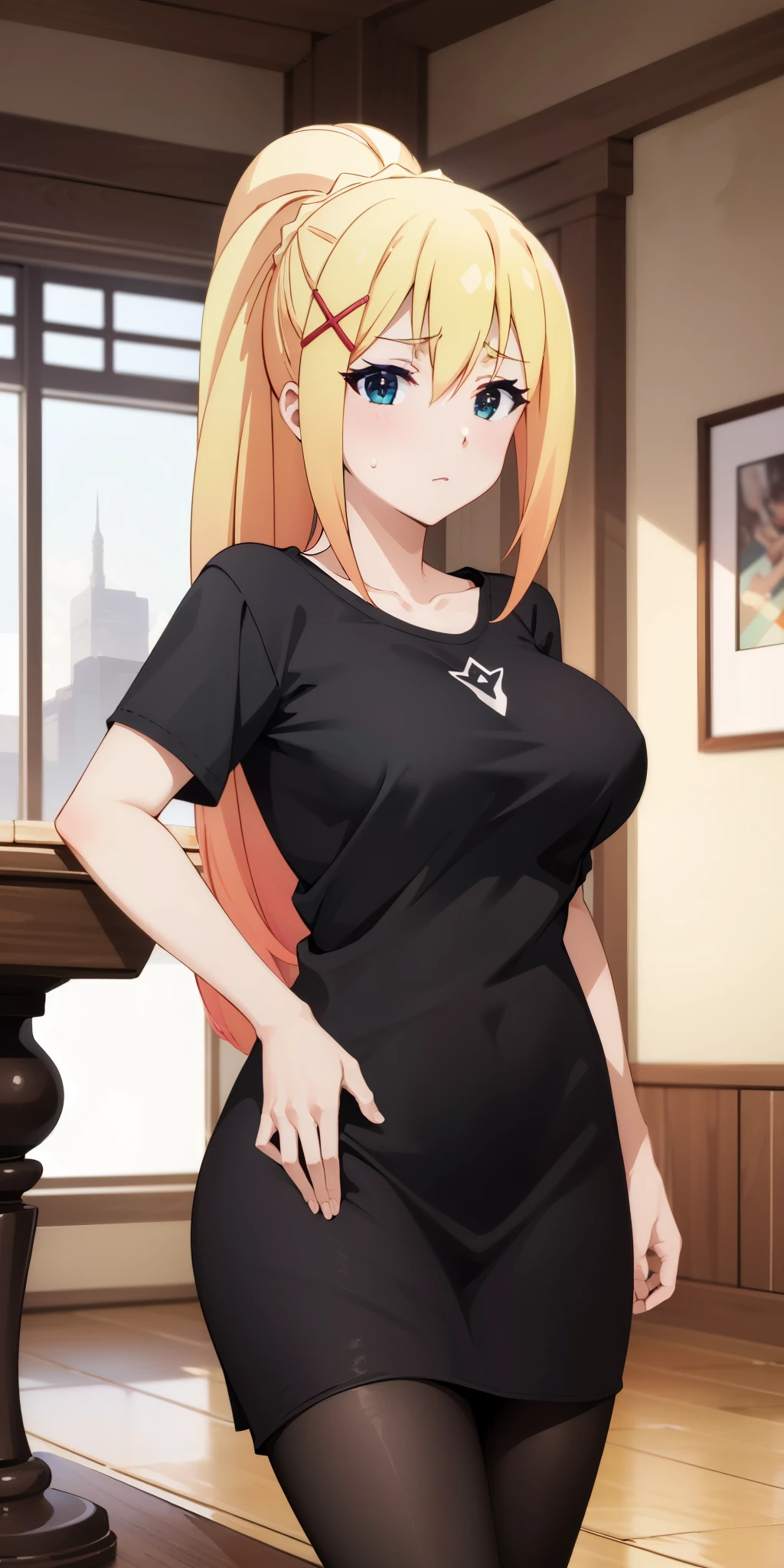 tall body, tall, long legs, mature female, mature, adult, EFT_Konsuba_Darkness, 1girl, darkness (konosuba), blonde hair, solo, blue eyes, long hair, x hair ornament, hair ornament, ponytail, looking at viewer, sweatdrop, medium breasts, breasts, indoors, braid,  ((black shirt, black short ))