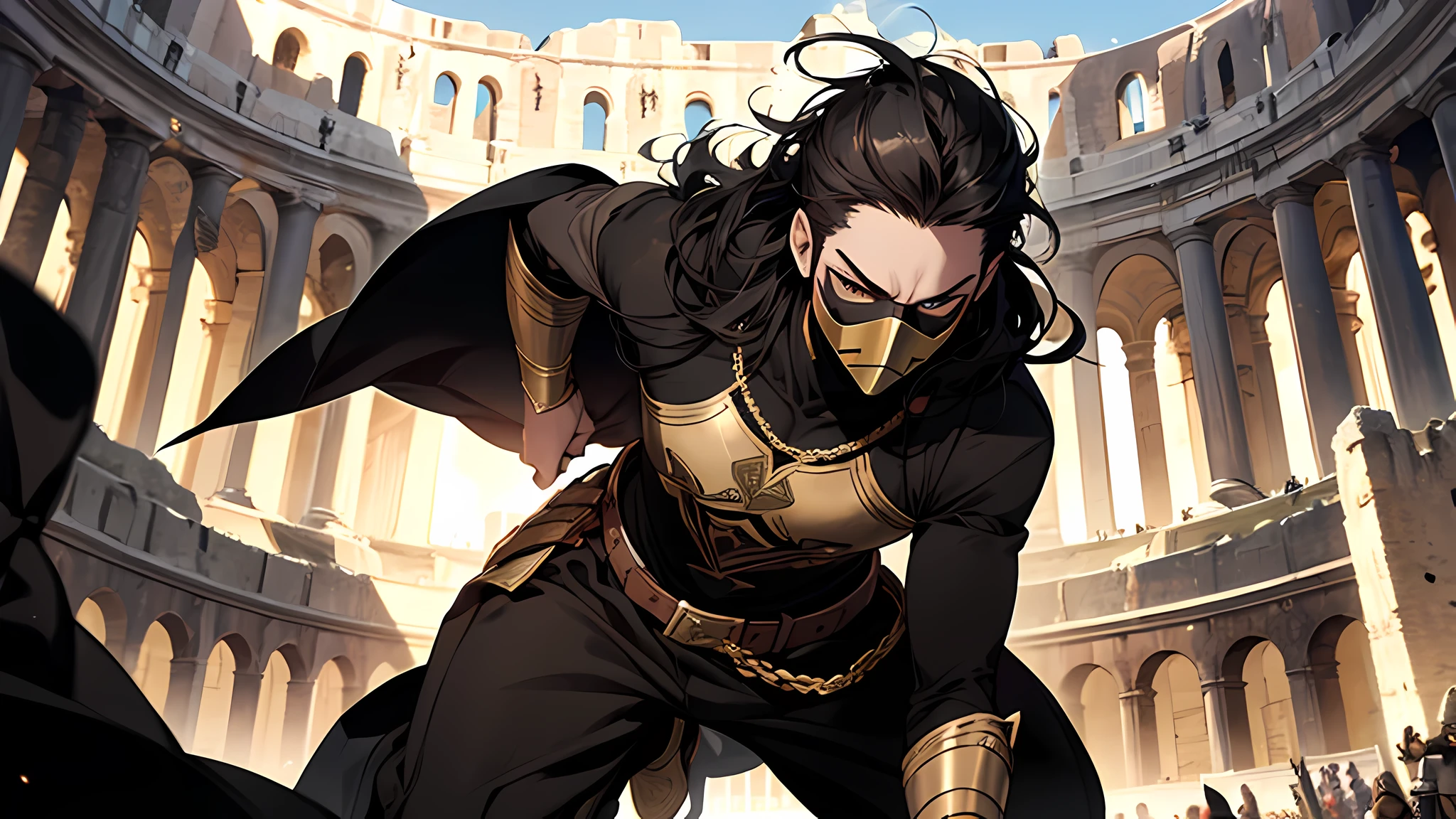 thin young man, dark skin wearing mask, V-shaped vendetta wears a golden mask, attack with sword, in a center of colloseum arena, gladiator, long black hair tied up, dodging attack, swords in action