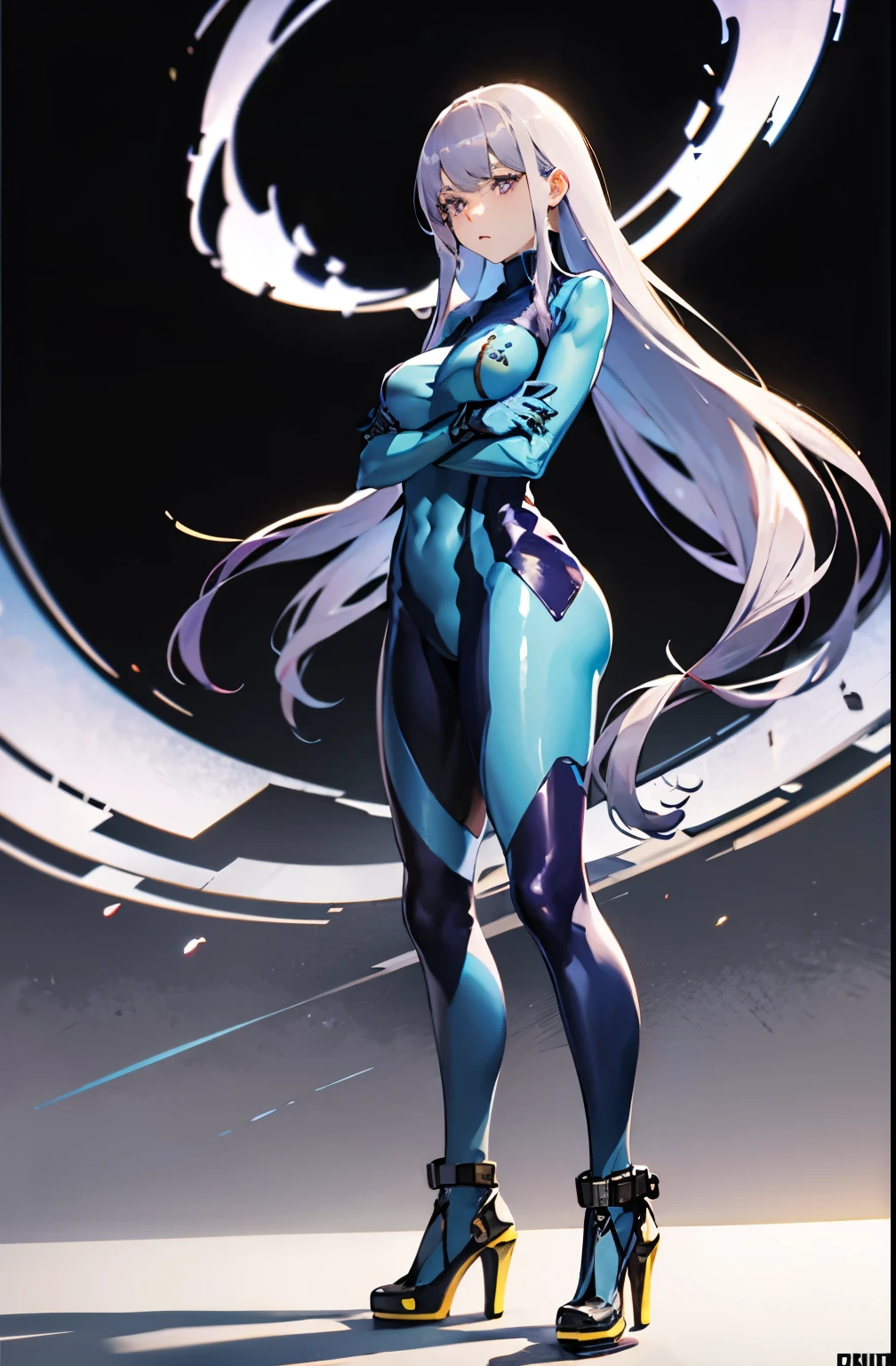 zero suit, blue gloves, high heels, FernFrieren, very long hair, purple eyes, (purple pupils), looking down, straight-on, expressionless, crossed arms, standing, looking at viewer, large breasts,, ultra detailed, masterpiece, best quality, aesthetic, detailed,