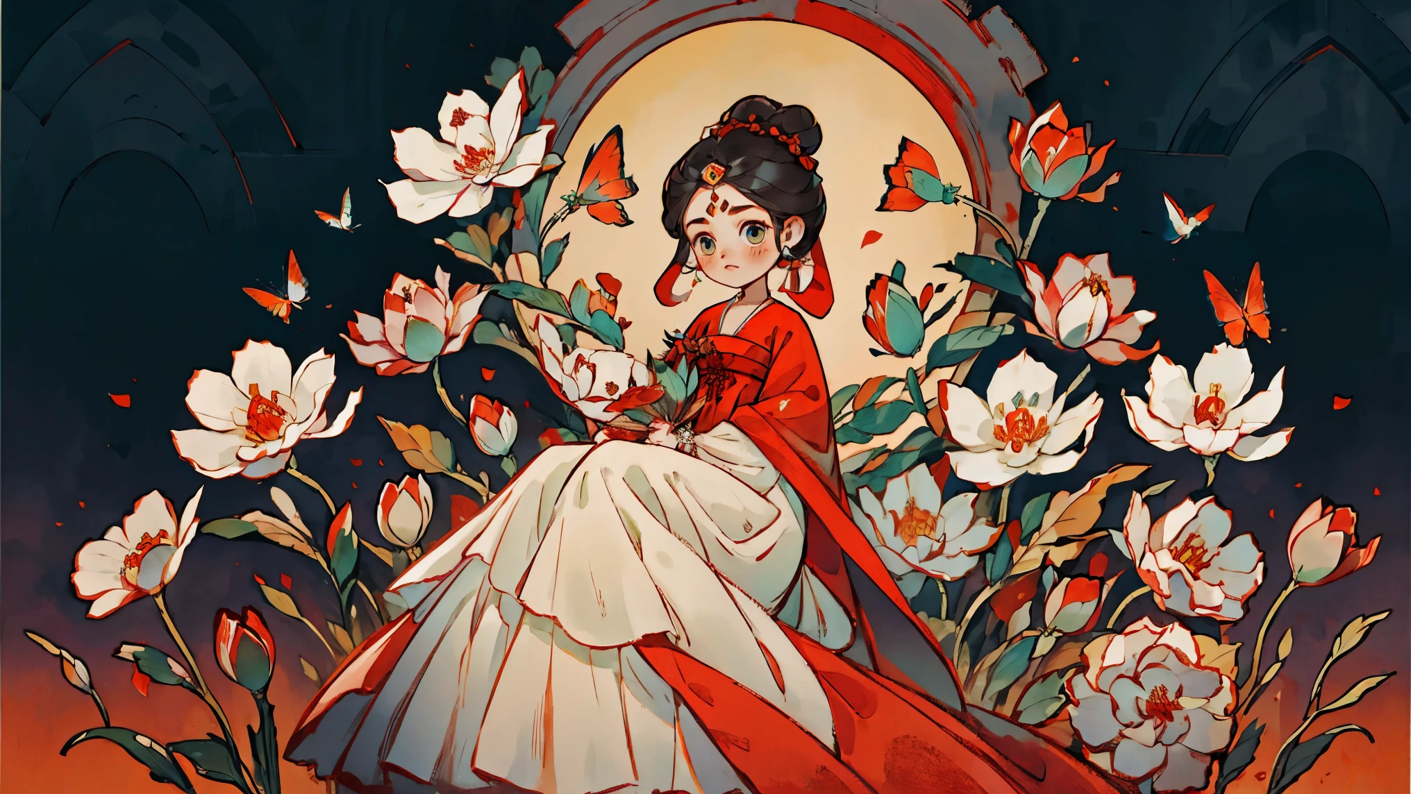 1 Sister, Alone, looking at viewert, face flushed, Background with, black hair color hair, hair adornments, longer sleeves, white backgrounid, Eternal, Full body lesbian, the bride, Red dress, red hijab red cloth, flowers blooming, hairflower, hair-bun, butterflys, tmasterpiece, recent quality, The finest details, Clear facial features, beautidful eyes