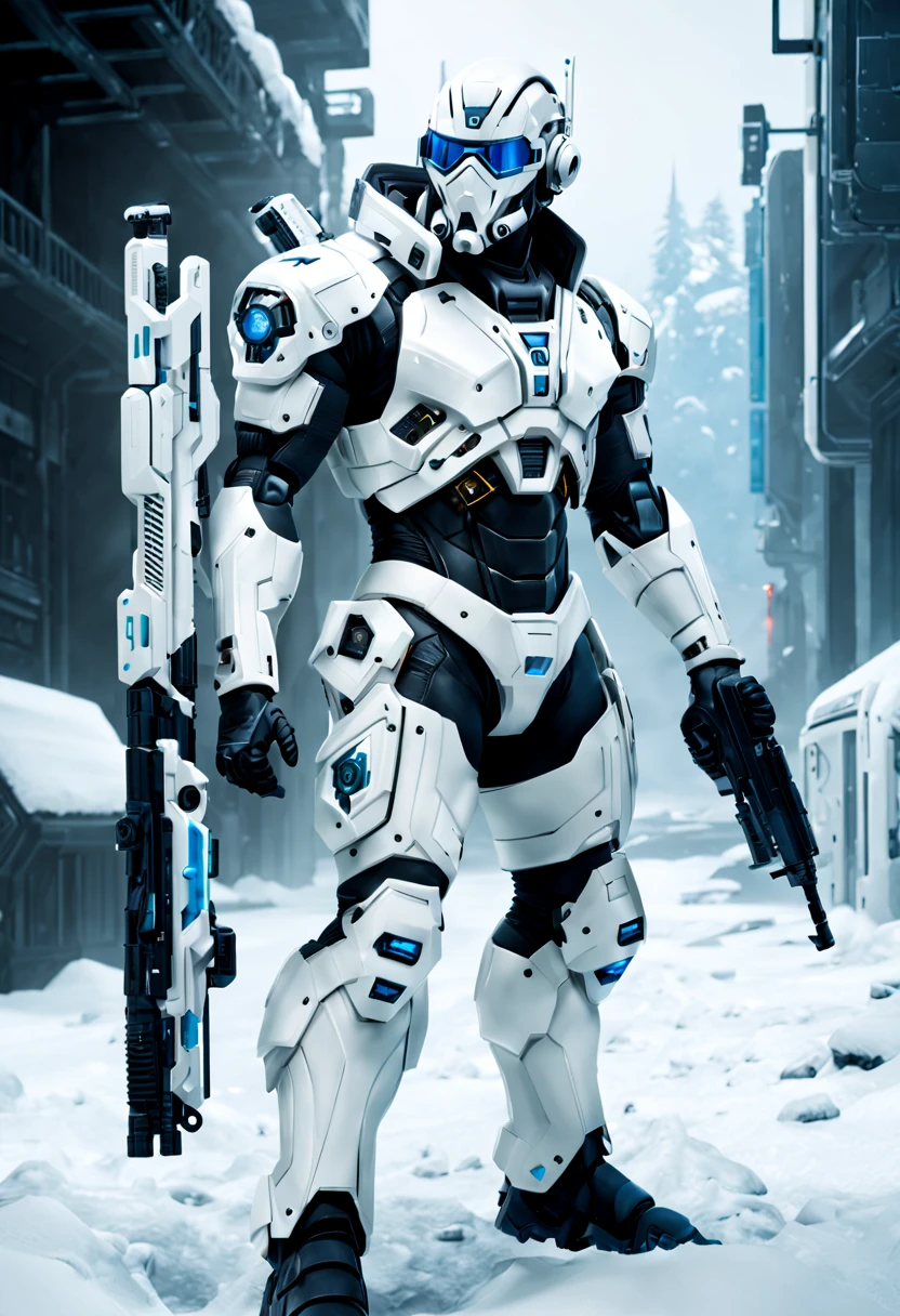 （Full body image），cyberpunk characters，middle，(A futuristic sci-fi warrior wearing a white mechanical suit lies on his side in the snow，Holding a high-tech sniper rifle to aim at the target，Made of vibranium，Fine machinery，electric wire，gear，Luxurious texture，White hood，mask，White camouflage uniform，Blue glowing goggles，mask），heavy snow，in the forest，snowfield，（global illumination、Ray tracing、human development report、Unrealistic rendering、Rational design、masterpiece、best quality、ultra high definition、light）