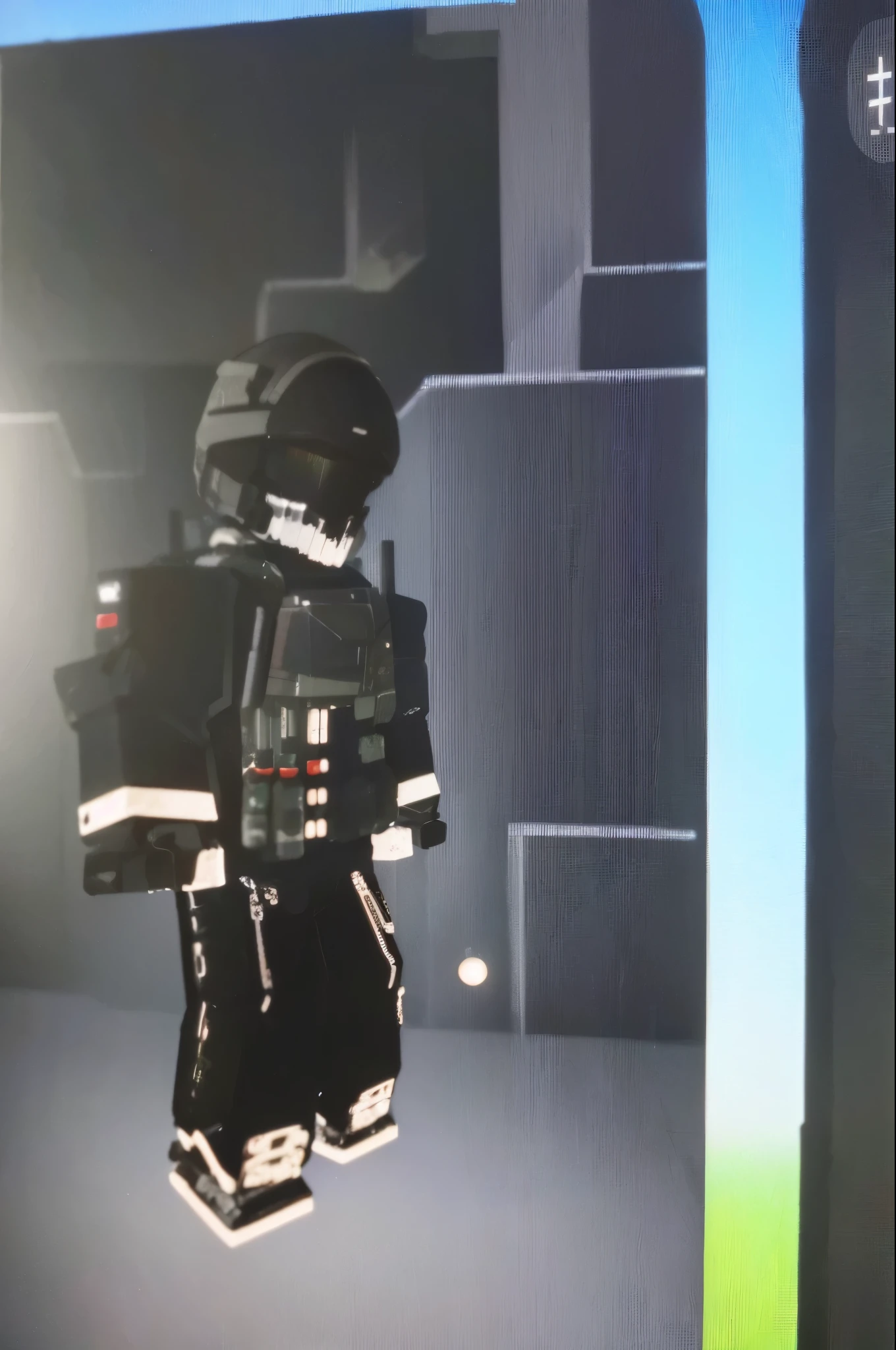 There is a Lego character standing in front of the screen, Wearing a dark space mercenary outfit, Wearing tech suit and armor, Invisibility suit, Comes with futuristic gear and helmet, Futuristic clothing and helmets, Soldier suit, Wear a space tech costume, Future combat equipment, Internet litigation, Chrome set, Black armor, fully space suited, future soldier clothing, cyber armor