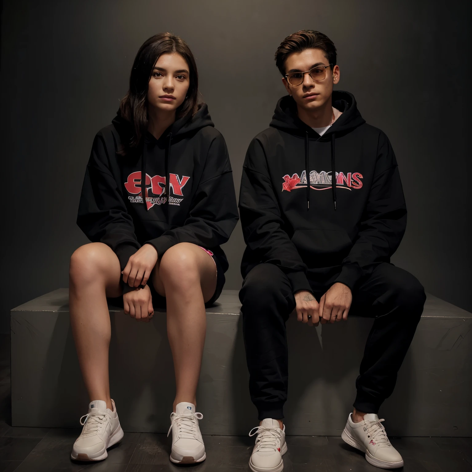 create a 3d realistic illusion image a 20 year old boy and girl in a black hoodie and sitting comfortably on the king’s throne wearing sneakers and sunglasses. the boy is proposing with a rose “Happy Rose Day” is written in yellow and red neon lights in the background the background is dark gray and is shaded in a the background. Opi is written on the boy’s hoodie and Opu is written on the girl’s hoodie.