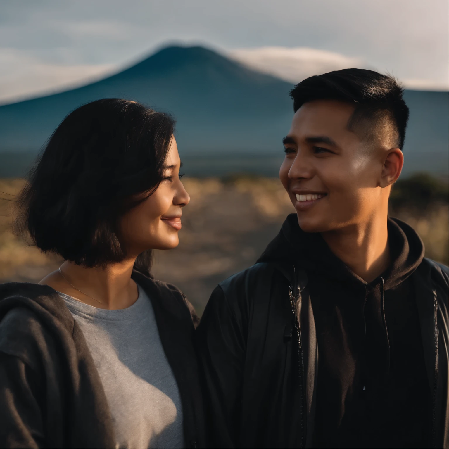 A handsome, dashing Indonesian man aged 30 years and a beautiful indonesian girl 26 year old. A both of them looking at the camera while smiling faintly. the man wore a gray t-shirt and jeans shorts. women wear white t-shirts pattern soft blue outer and long jeans, with long flowing hijabs with motif. with a backdrop of brown rocks, small grass, and beautiful waterfall splashes. realistic focus 5D 8K