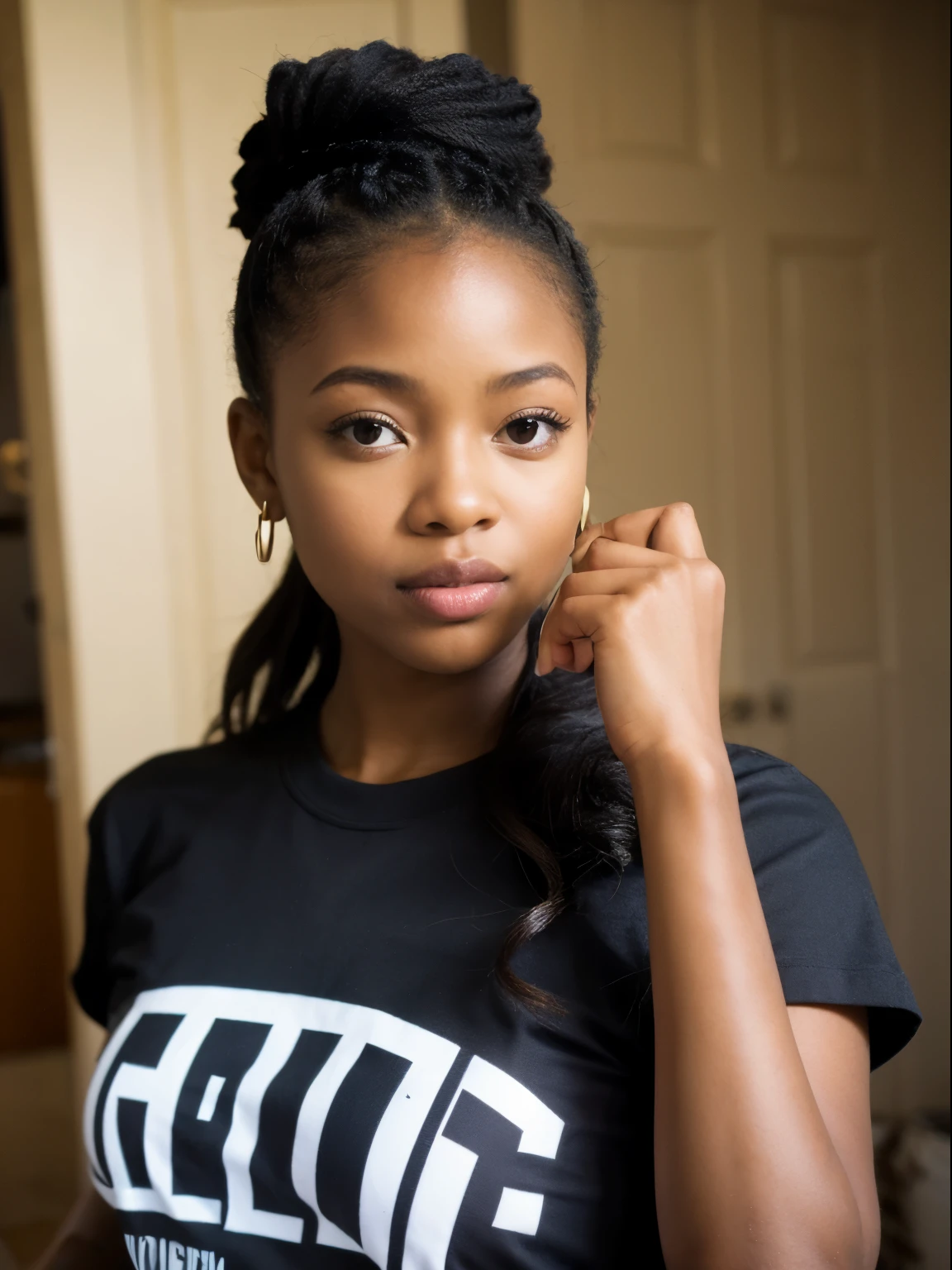 african girl, black ethnicity, wearing shirts, wavy hair, , thick girl,goodmorning