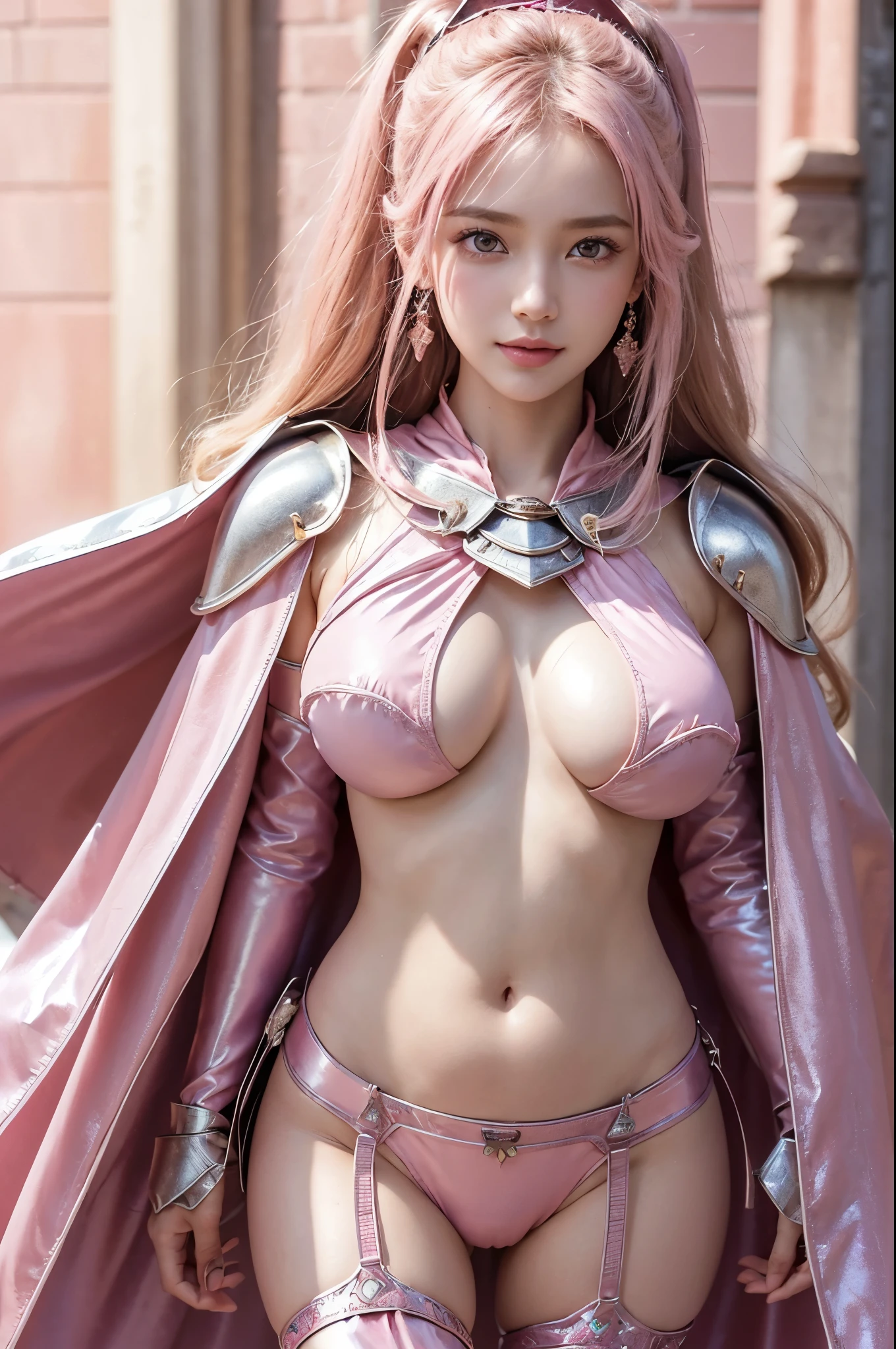 8K, masterpiece, Raw photo, Best Quality, Photorealistic, Highly detailed CG Unity 8k wallpaper, depth of fields, Cinematic Light, Lens Flare, Ray tracing, (Extremely beautiful face, Beautiful lips, Beautiful eyes), intricate detail face, ((Ultra detailed skin)) 1girl in, In the Dark, deep shadow, charming Russian model Nata Lee, ((Looking at Viewer)), (seducing smile), (Blurry background), (large boob:1.5), earrings, Bracelets, Necklace, Clear eyes, Castle rooms, holding a sword, Front shot, (pale skin), Face forward, (Big eyes), ((upper body shot)), (Camel toe, shape), ((Gorgeous (pink metal armor) with a pink cape design:1.5)), (Navel Ejection:1.5), light blonde hair, (Ponytail), ((seducing smile)), ((Camel toe)).