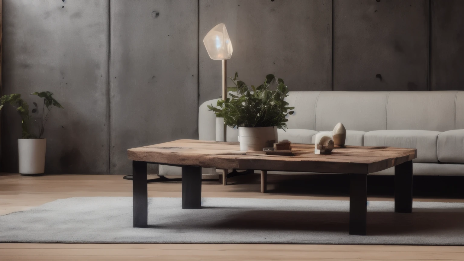 hyper ultra realistic photographs full body of A reclaimed wood coffee table, its surface bearing the marks of a previous life, stands proudly against a stark concrete wall. Exposed brick peeks through the wall, adding a touch of raw beauty. A single, minimalist lamp casts warm light on the table, creating a modern and industrial ambiance. ratio 16:9, 4k, 8k resolution, High quality photo, high detailed, imagesharp focus, Cinematic lighting,hyperdetailed & Unreal engine, detail, realism, photography,cinematography, camera NIKON, lens NIKKOR flagship, masterpiece. hyper-maximalism, ultradetailed photorealistic, light skin imperfections, final render, vray, photo, fashion