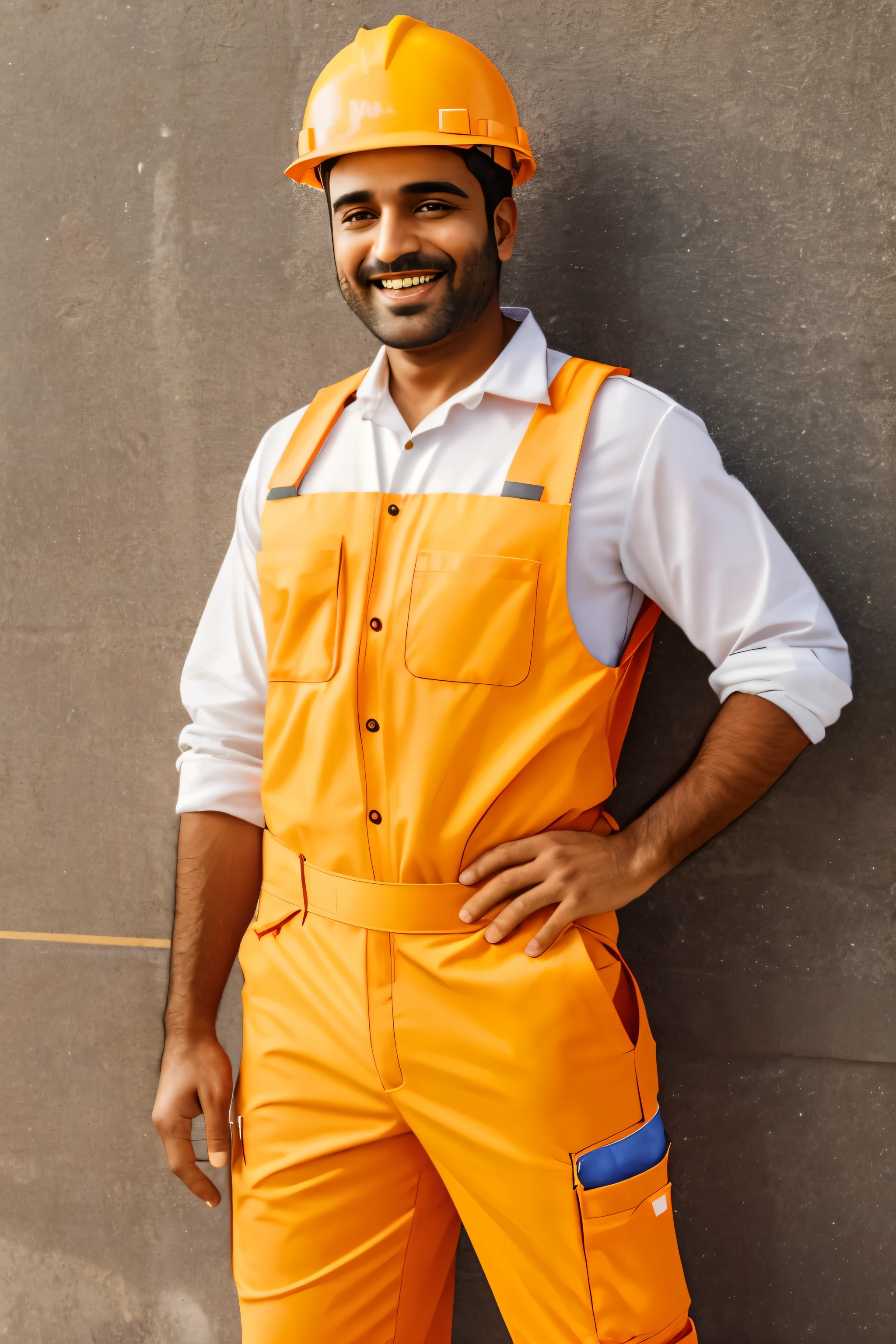 man in a hard hat wearing construction outfit, background construction place, full body torso, a smiling with confidence, arab man, indian man, smiling and looking directly, with a happy expression