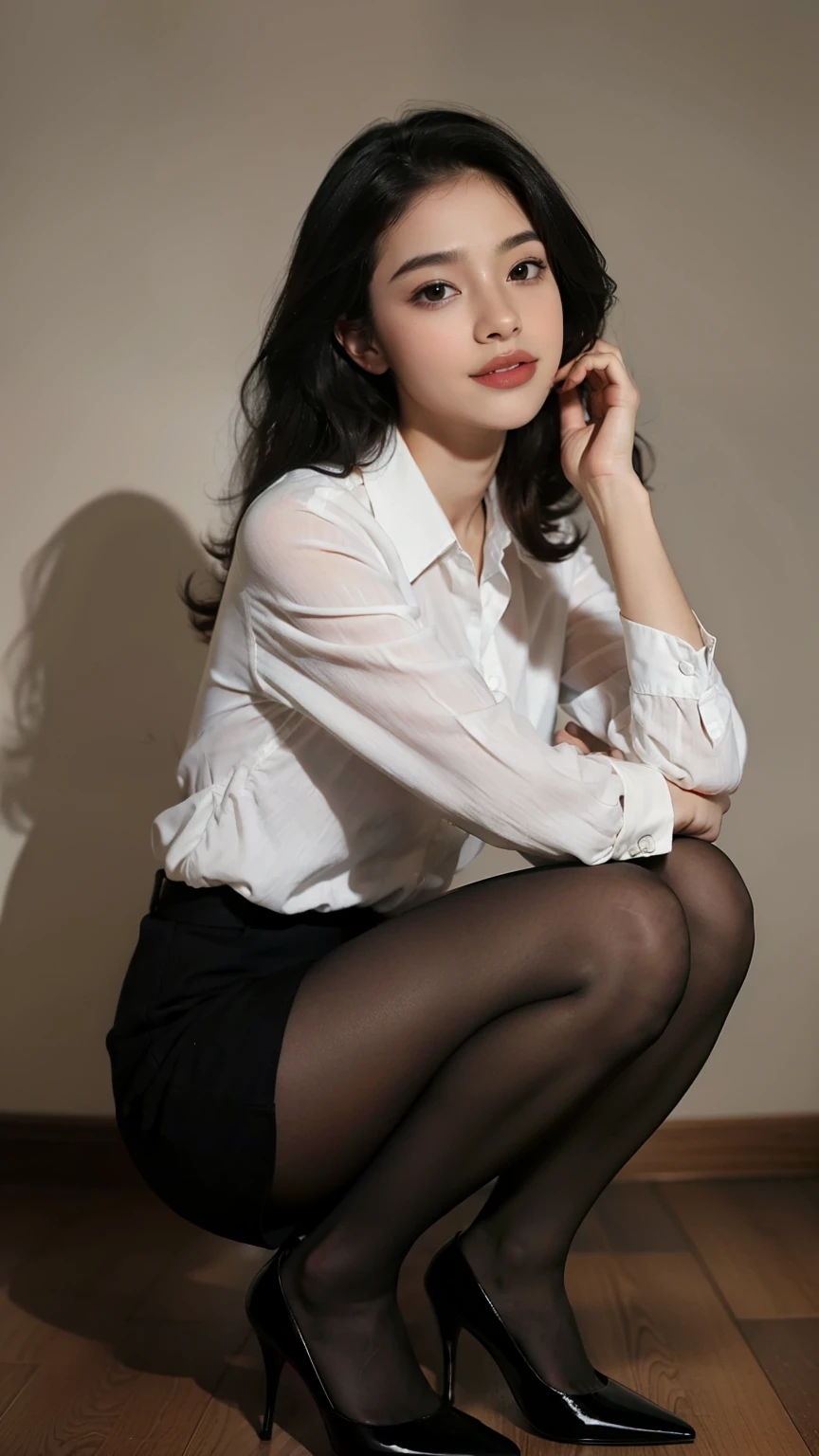 (masterpiece:1,5), (best quality:1.5), extremely detailed，extremely detailed face，Exquisite facial features，anatomically correct，full body portrait，beautiful girl，young woman，slim figure，office lady，Office wear，Collared white shirt，（curls:1.1)，black pantyhose，(black high heels:1.2)，two feet，Two legs are the same length，(long legs:1.1)，(cute:1.2)，(Smile:0.9)，sitting position