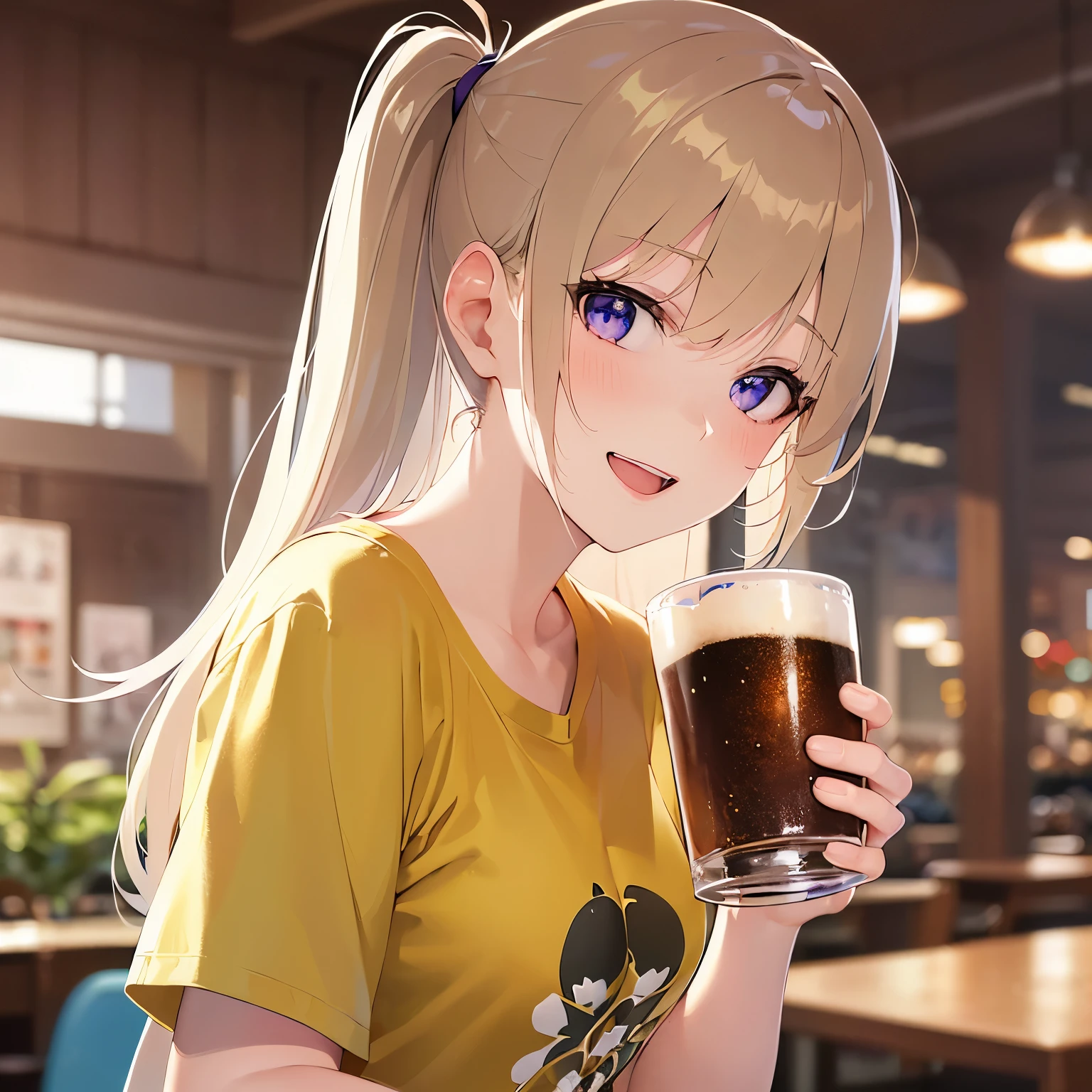 medium shot, Realistic, real person, RAW photo, photorealistic, portrait photography, shiny skin, japanese idol、(A 20-year-old woman with blonde bangs and purple eyes.) and (side ponytail), (Wearing a yellow T-shirt:1.5)、(smile:1.2), open mouth, holding a beer mug、Alone、staring at、Are standing、The background is a beer garden、