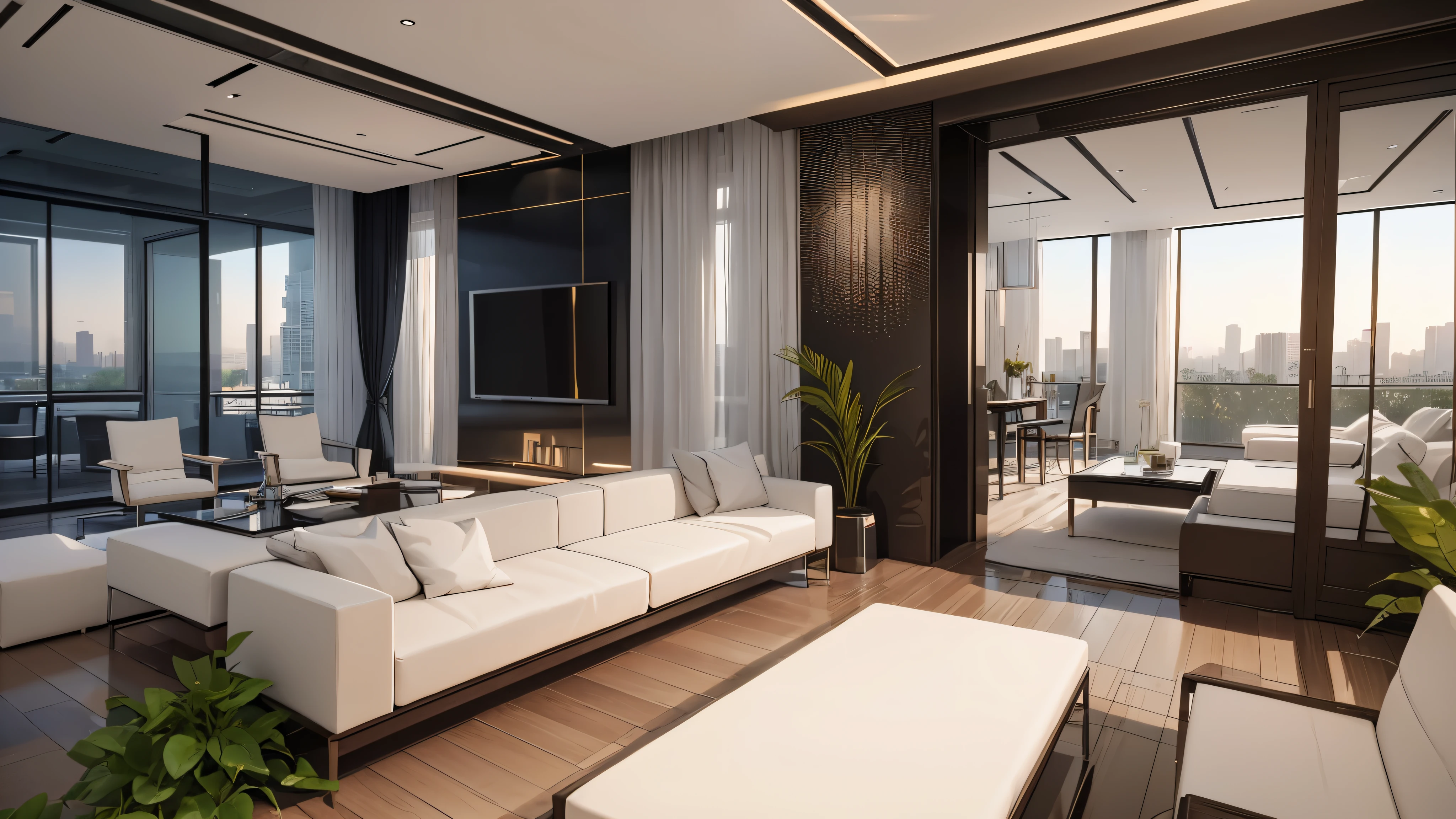 You are a famous interior designer、You have been asked to create a 3D image of a modern large room. Create a harmonious environment with modern and minimalist furniture. Including garden interior.