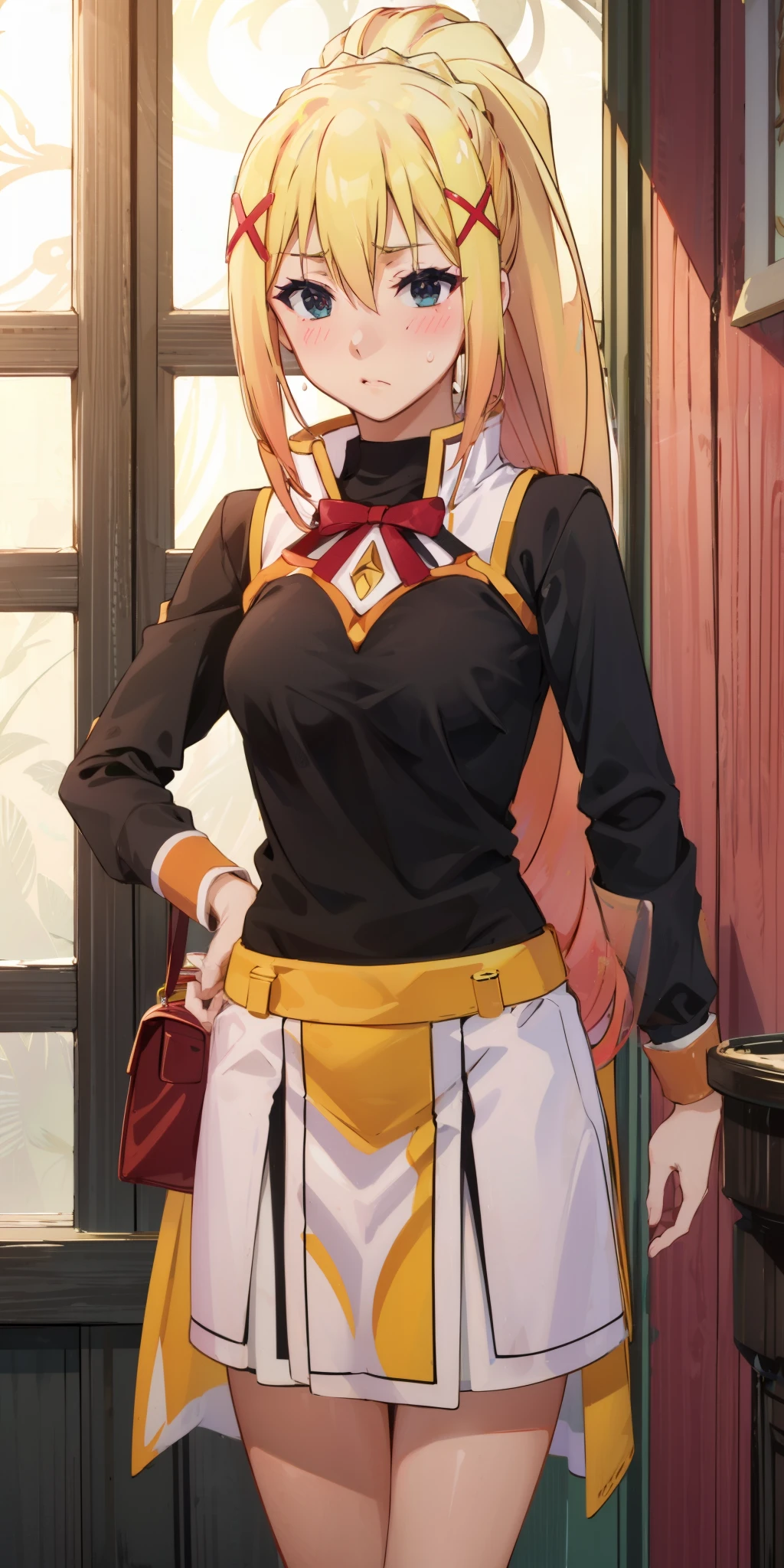 tall body, tall, long legs, mature female, mature, adult, EFT_Konsuba_Darkness, 1girl, darkness (konosuba), blonde hair, solo, blue eyes, long hair, x hair ornament, hair ornament, ponytail, looking at viewer, sweatdrop, medium breasts, breasts, indoors, braid,  ((black shirt, black short )), cowboy_shot. Ultra-detailed eyes. Sleeveless. Blush. 