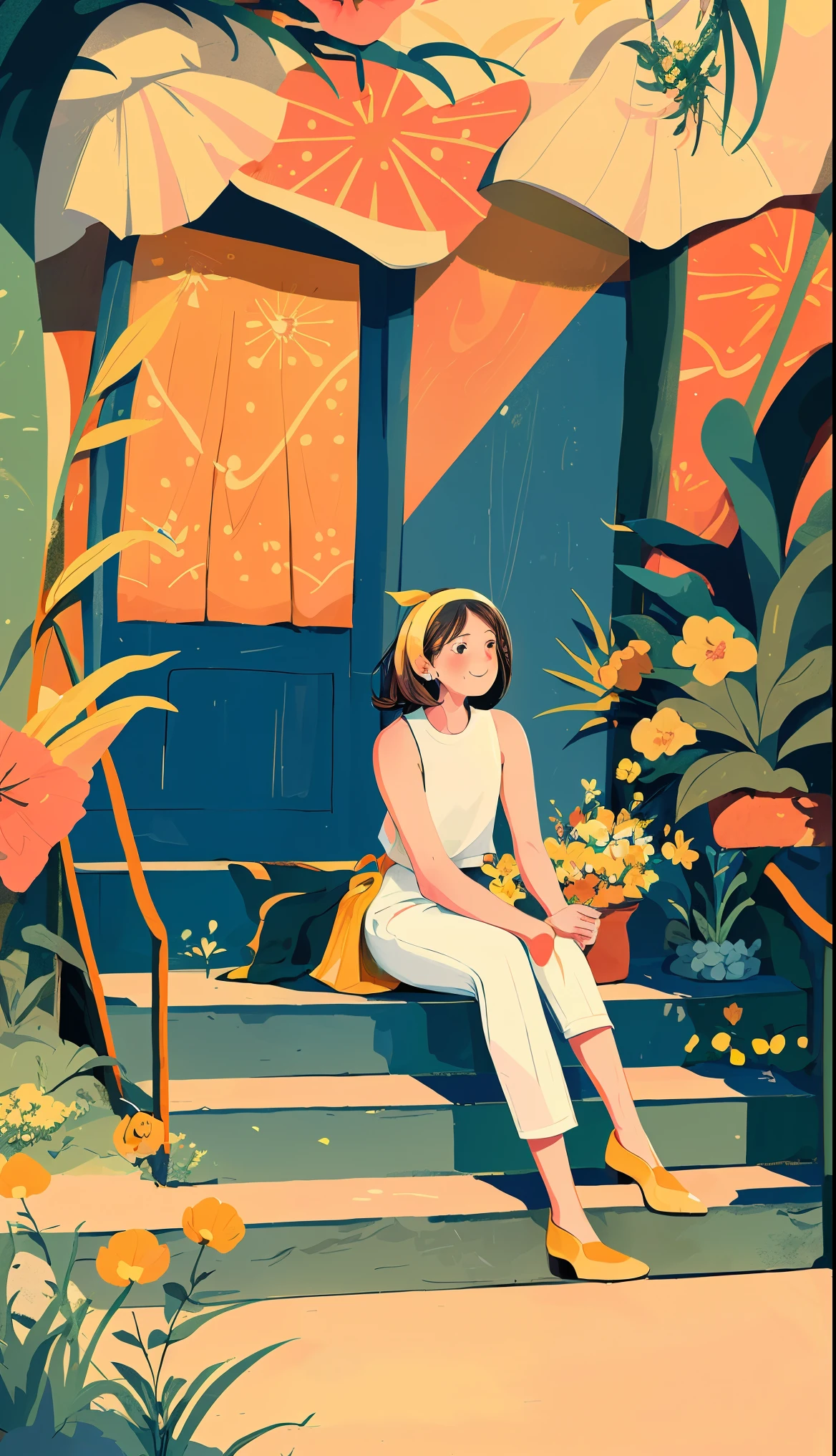 1 girl, solo, stairs, long hair, brown hair, plant, shirt, bird, sleeveless shirt, yellow footwear, sleeveless, sitting, white trousers, skirt, flower, smile, white skirt, orange footwear, leaves, black eyes, wide shot, shoe, pink flower, trousers, blush, hairband, yellow shirt, fringes, sitting on stairs, yellow flower, tree, steps, tree shadow, flower